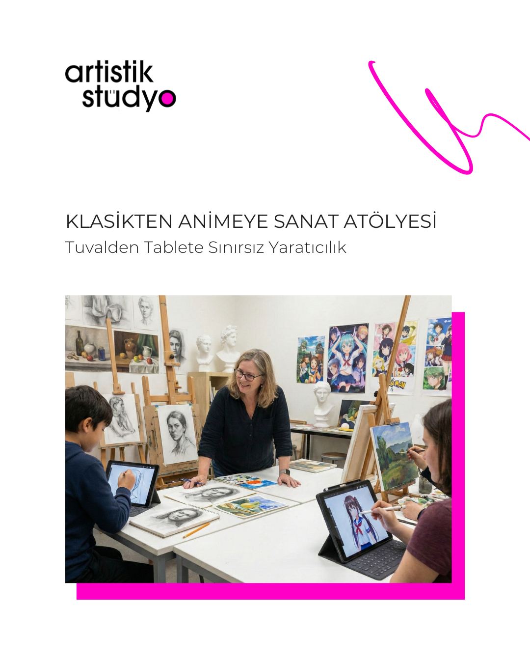 Çocuğunuzun yeteneği geleneksel eğitimle dijital dünyayı birleştiriyor! 🌟
Sanat, her dönemin ruhuna göre şekillenir. Atölyemizde çocuklarımız hem klasik resim tekniklerini öğrenerek sağlam bir temel oluşturuyor hem de ilgi duydukları dijital dünyada (tablet çizimi, anime sanatı) kendilerini geliştirme fırsatı buluyorlar.
Akademik disiplini, modern sanat akımlarıyla harmanladığımız bu özel atölyede yerimiz sınırlı! 🎭
✅ El-göz koordinasyonu ve teknik beceri
✅ Dijital araçları üretken kullanma yetisi
✅ Sanatsal bakış açısı kazanımı
👉 @artistikstudyo ile sanatın her halini keşfedin.
#animeçizimi #mangasanatı #dijitalçizim #tabletçizimi #procreate #characterdesign #animeworkshop #dijitalsanat