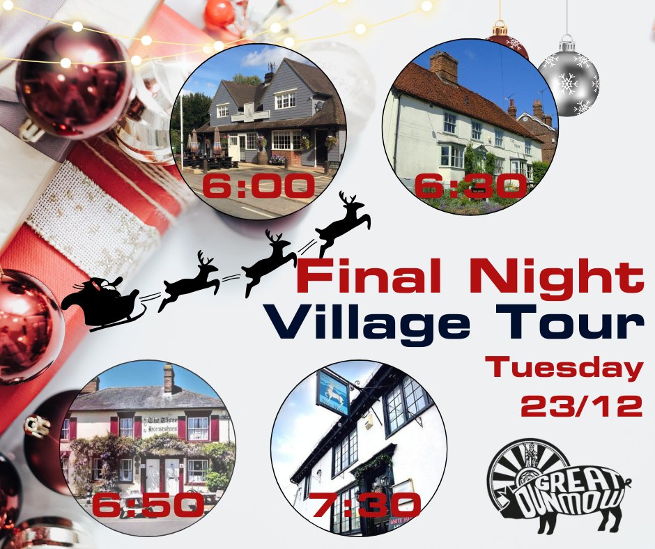 🚨 Santa’s Village Tour alert 🚨
After 14 nights, Tuesday 23rd December marks the final night that the elves of Dunmow Round Table will be helping Santa to see all the good boys and girls before the big day, with his final village tour! 🎅
We will be visiting:
6pm - @thestag_littleeaston
6:30pm - @theswan_greateaston
6:50pm - @3hs.dutonhill
7:30pm - @thewhitehartstebbing
Times may vary slightly, but we will try our very best! Times may vary slightly, but we will try our very best! Spread the word, by liking, sharing and tagging below👇