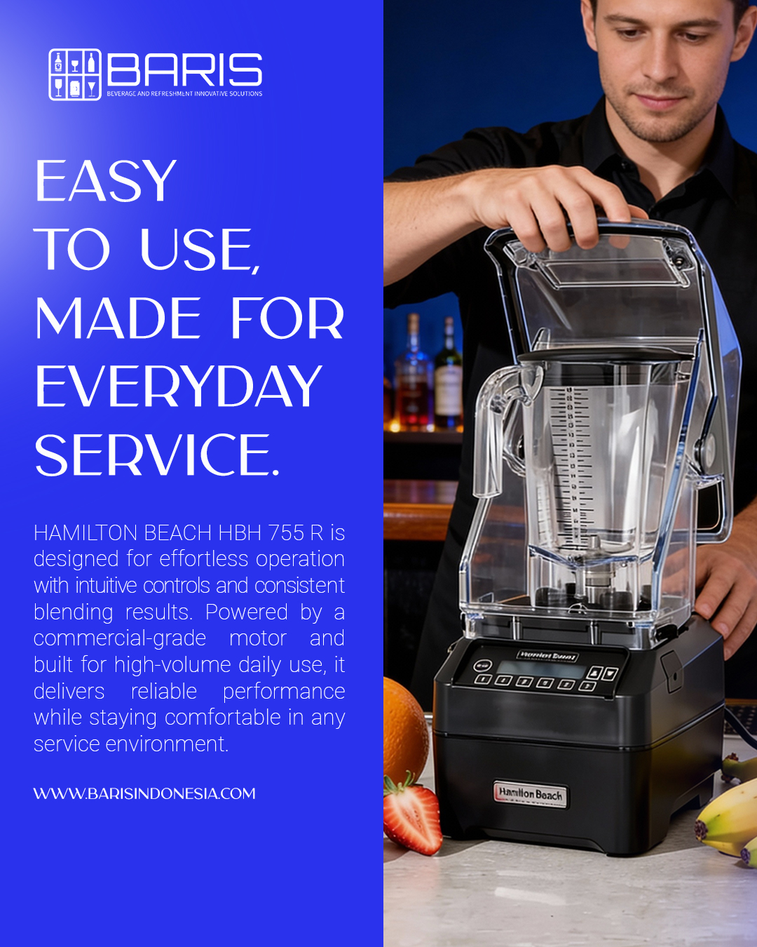 Easy to use, made for everyday service.
The Hamilton Beach HBH 755 R is built for smooth, consistent blending with intuitive controls and commercial-grade performance—perfect for busy bars, cafés, and hospitality professionals who demand reliability every day.
Explore more at 👉 BARIS INDONESIA
------
CONTACT US
Whatsapp : +62 811-3877-8844
Email : barisindonesia40@gmail.com
Website : www.barisindonesia.com
Find Us
Jl. Diponegoro No.717, Pedungan, Denpasar Selatan, Kota Denpasar, Bali
-----
#OnlineShopping #ShopOnline #Ecommerce #BusinessOnline #SmartShopping #ShopNow #HospitalityIndustry #HotelSupplies #RestaurantSupply #BarTools #BartenderLife #KitchenEquipment #CommercialKitchen #MixologyTo #bartarecipes #HamiltonBeach #HBH755R #CommercialBlender
#BarEquipment