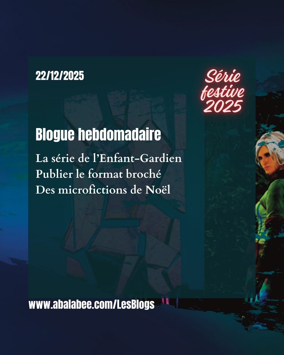 La série festive 2025 cette semaine : lisez le résumé de la saga de l’Enfant-Gardien. Qu’est-ce qui vient après le livre numérique? Le livre de poche! Lisez trois microfictions festives inspirées par des images.
Pour vous mettre dans l’esprit des fêtes, voici le début de la première flash fiction : Mission de routine
C’était au tour de mon équipage de célébrer Noël sur Mars. Célébrer n’est pas nécessairement le bon mot. Nous avions six mois pour terminer notre mission et Noël coïncidait avec le jour 181. Alan, Teresa et moi allions procéder aux inspections finales, avant de déguster le vin épicé sans vin, le lait de poule qui n’avait pas vu d’œufs ou d’alcool et le merveilleux et parfaitement desséché dîner de dinde avec toutes les garnitures.
Continuez dans le blogue
https://www.abalabee.com/post/the-festive-series-la-série-festive-2025-3
bit.ly/LesBlogs
#abalabee #sciencefantasy #dystopie #noël #destindefemme