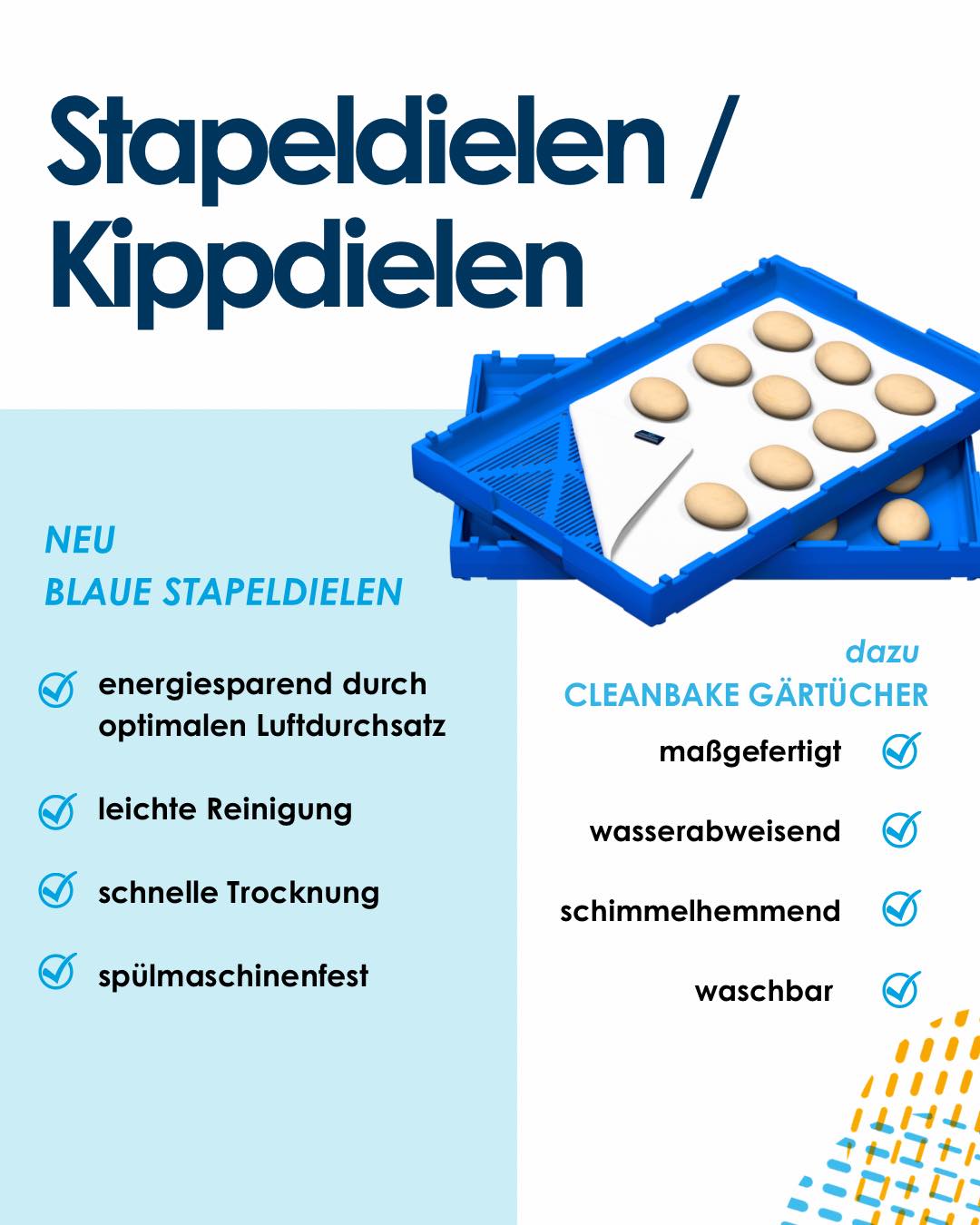 Effizienz trifft Hygiene: Die blauen Stapeldielen sorgen für optimalen Luftdurchsatz, leichte Reinigung und schnelle Trocknung.
Dazu Cleanbake Gärtücher – maßgefertigt & antibakteriell. Die perfekte Kombi für eure Bäckerei! 👌
🇺🇸
Efficiency meets hygiene: The blue stacking boards provide ideal airflow, easy washing, and fast drying.
Combined with Cleanbake proofing cloths for superior cleanliness and durability.
The perfect upgrade for your bakery! 👌🍞