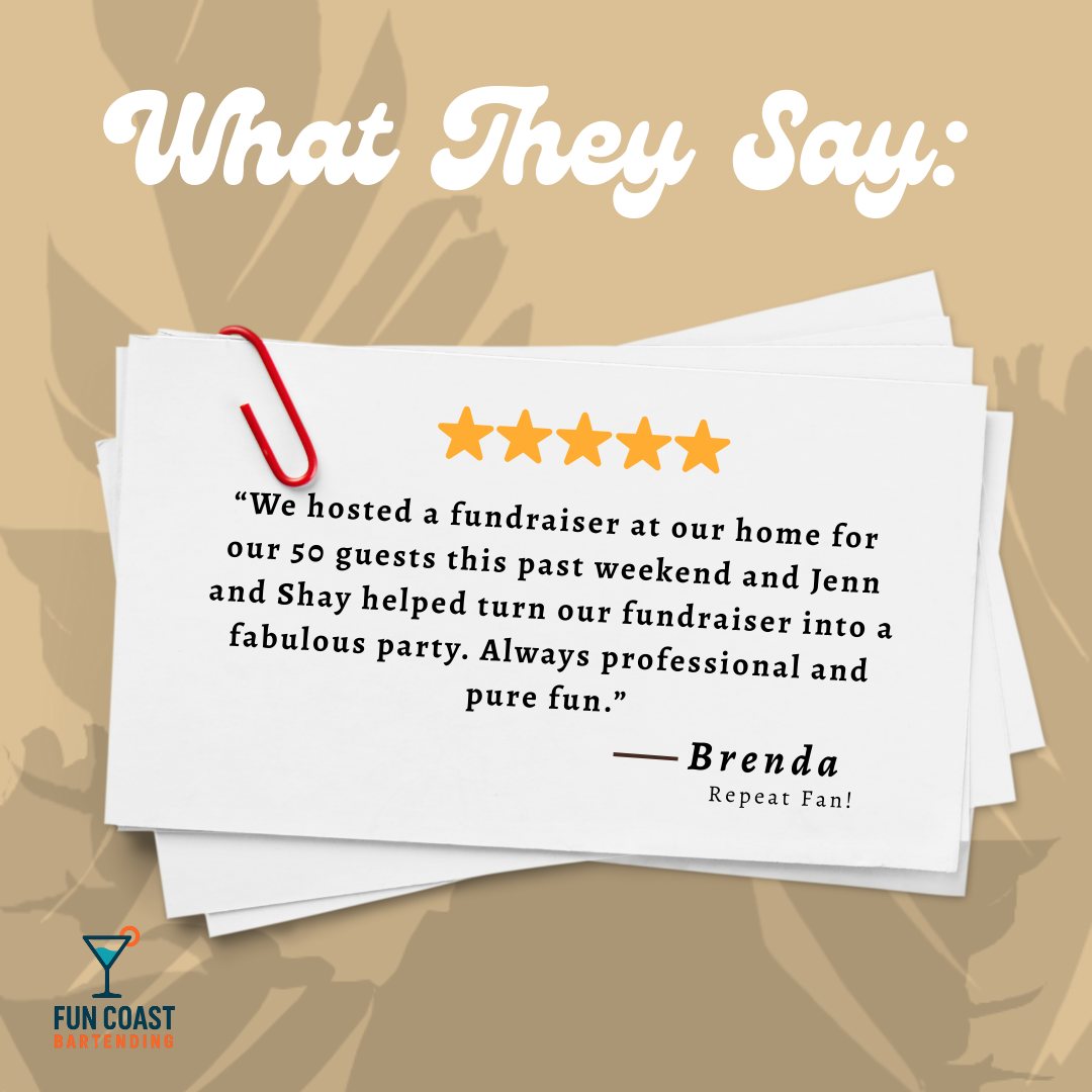 Thank you, Brenda!
“We hosted a fundraiser at our home for our 50 guests this past weekend and Jenn and Shay helped turn our fundraiser into a fabulous party. Always professional and pure fun.”