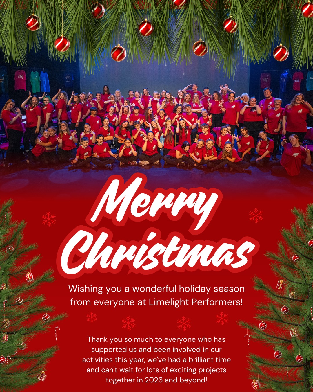 🎄 Merry Christmas from everyone at Limelight Performers! 🎄
Thank you so much to everyone who has supported us and been involved in our activities this year, we've had a brilliant time and can't wait for lots of exciting projects together in 2026 and beyond!
This year we celebrated our 5th birthday as a charity with a big showcase (pictured), and across our projects had
* 121 Participants
* 49 Volunteers
* 52 Friends Members
* 1240 Audience Members
* 13 Performances of 6 Productions across 3 Venues
* Plus the launch of Limelight Young Performers, our ongoing Community Ensemble projects, and other events too!