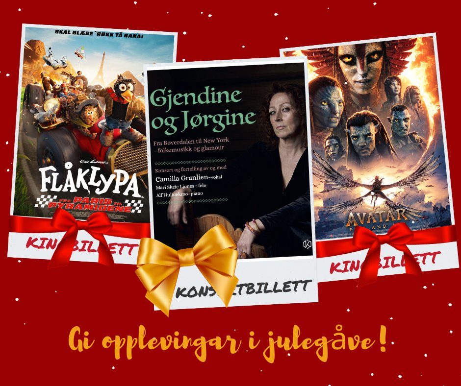 Gi ei oppleving i julegåve 😍
Andre juledag kan du sjå den splittar nye FLÅKLYPA FRA PARIS TIL PYRAMIDENE 🏎️ Tillate for alle.
https://checkout.ebillett.no/211/events/938/purchase
Og den storslagne AVATAR: FIRE AND ASH med enorme mengdar eventyrleg sci-fi-action 🔥🪨 Aldersgrense. 12 år.
https://checkout.ebillett.no/211/events/939/purchase
Eller kva med billettar til konsert og fortelling om enkle kår i Bøverdalen, glamour i New York og to lystige kvinner frå Gudbrandsdalen som satte djupe spor i verda og dalen?
https://checkout.ebillett.no/211/events/945/purchase
God jul ♥️
