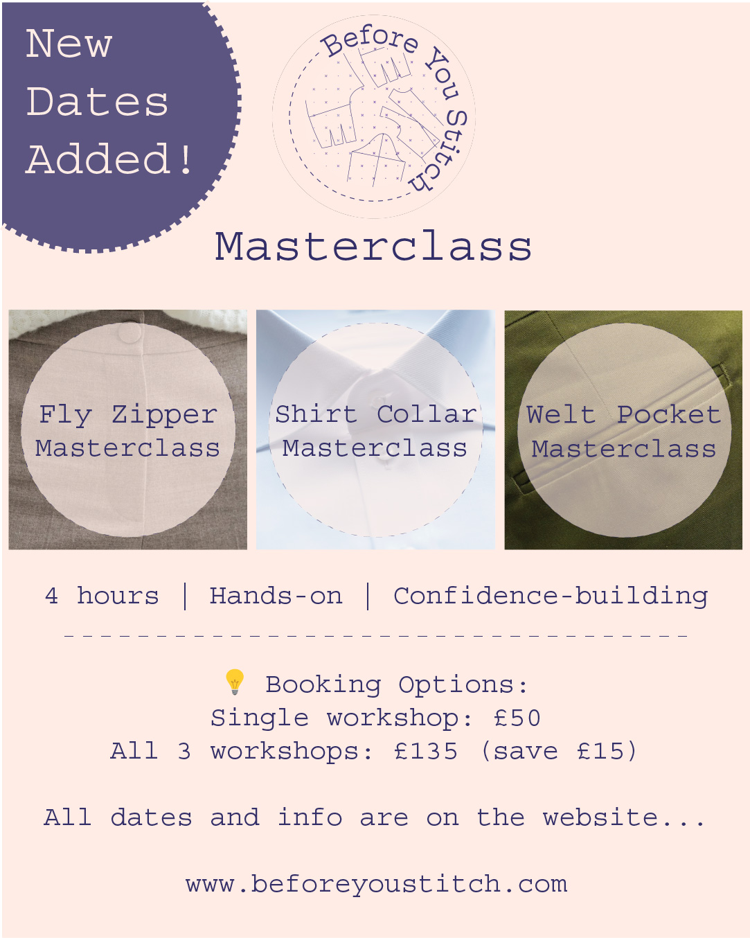 ✂️ Sewing Masterclasses
Zips • Collars • Welt Pockets
4-hour focused workshops | £50 each
All 3 for £135 (save £15)
Build confidence in the details that make garments look professional.
📍 Chadwick Lane, Mirfield
⏰ 10:00–14:00
⸻
✂️ Fly Zipper Masterclass
Dates:
• Thursday 5th February
• Monday 23rd February
Stop avoiding trousers. Learn how to insert a neat, durable fly zipper with confidence, from interfacing to final topstitching. You’ll leave with a finished sample and skills you can rely on.
⸻
👔 Shirt Collar Masterclass
Dates:
• Tuesday 3rd February
• Thursday 26th February
Master crisp points and smooth curves. Learn how to interface, sew, turn, and attach a shirt collar cleanly for a truly professional finish.
⸻
🧵 Welt Pocket Masterclass
Dates:
• Friday 16th January
• Tuesday 20th January
A tailoring classic made approachable. Learn accurate marking, clean cutting, and sharp welt construction for a polished, structured result.
⸻
Limited spaces.
DM to book or use the link in bio.