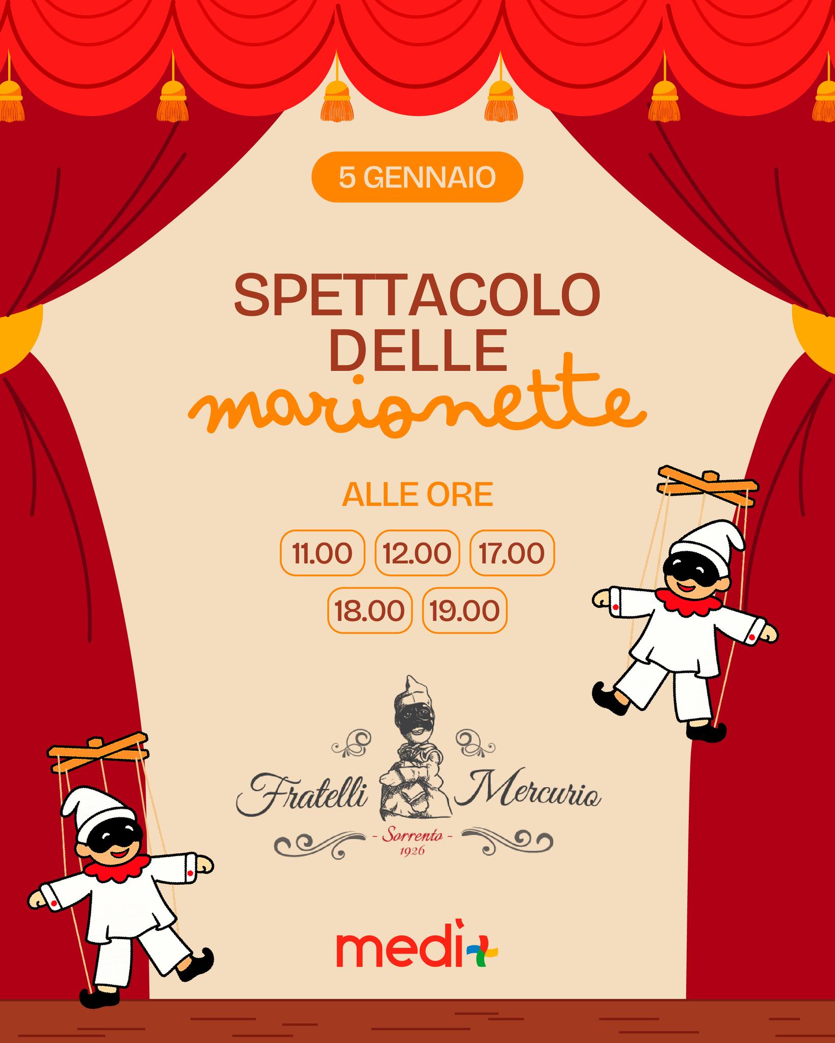 Magia, teatro e tradizione✨
Il 5 gennaio, arriva il fantastico Spettacolo delle Marionette, a cura dei Fratelli Mercurio.🎭
Lo spettacolo avrà più repliche durante la giornata:
🕦 11:00 - 12:00 - 17:00 - 18:00- 19:00
Un'occasione imperdibile per tutta la famiglia!❤️
#centrocommercialemedì #spettacolomarionette