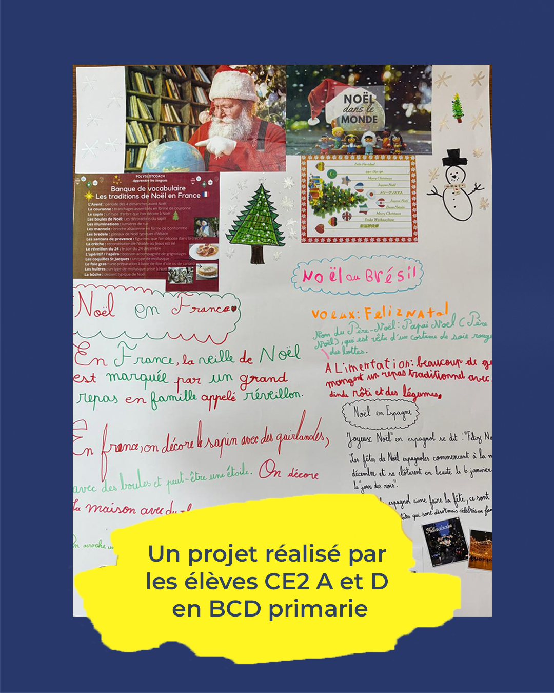 nos élèves de CE2 A et D nous font voyager à travers la BCD primaire ! 🎄📖
Ils ont réalisé un projet magnifique explorant les traditions de Noël dans le monde, en mettant particulièrement à l'honneur Noël en France. De la décoration du sapin avec des guirlandes et des boules jusqu'au traditionnel repas en famille appelé le "réveillon", nos élèves ont exploré chaque détail de cette célébration.
Ce projet créatif leur a permis de :
Découvrir le vocabulaire spécifique des traditions françaises.
Comparer les festivités avec d'autres cultures, comme le Brésil et l'Espagne.
Partager l'esprit de Noël au sein de notre communauté scolaire.
Bravo à nos jeunes élèves pour ce superbe travail de recherche et de création ! 🎨🌍
#lyceeconcordia #christmas #françaisenégypte #bacfrançais #francophone #NewCairo #CairoSchools #EgyptEducation #FrenchSchoolInEgypt #ParentsAndSchool #CommunitySpirit #BCD #NoelEnFrance #EducationPrimaire
