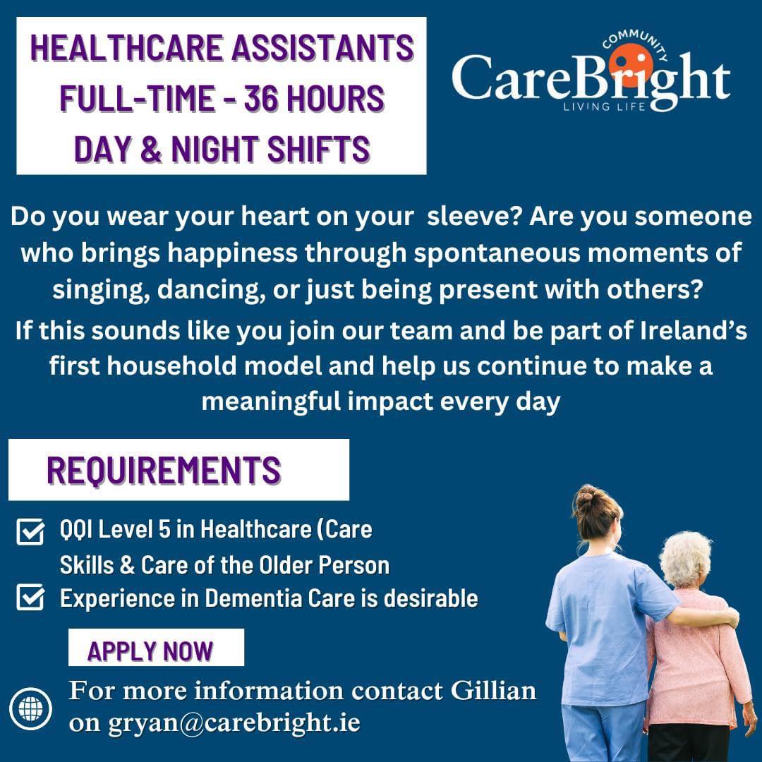 Join the CareBright Community in Bruff as a Healthcare Assistant
At CareBright, we are proud to be demonstrating the Butterfly Project, a groundbreaking approach to dementia care that focuses on emotional connection, joy, and person-centered support.
We are looking for compassionate healthcare assistants who are ready to create a vibrant, homelike atmosphere for people living with dementia.
Apply Today and help us spread joy at CareBright Community
https://app.qintil.com/1315/recruitment/carebright-applynow