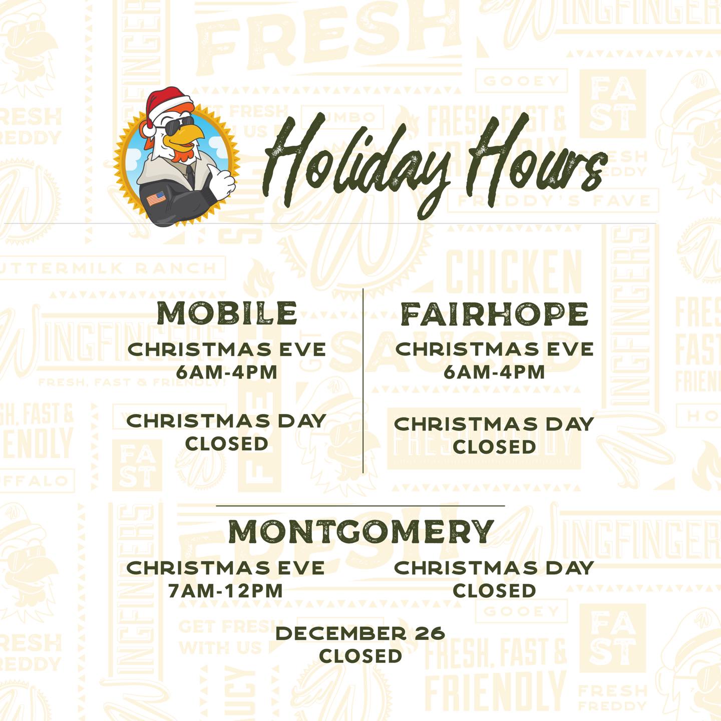 Happy Holidays! 🎄🎁 See our upcoming Holiday Hours to make sure you get all the Gooey Fries, Gift Cards + more this season 😋