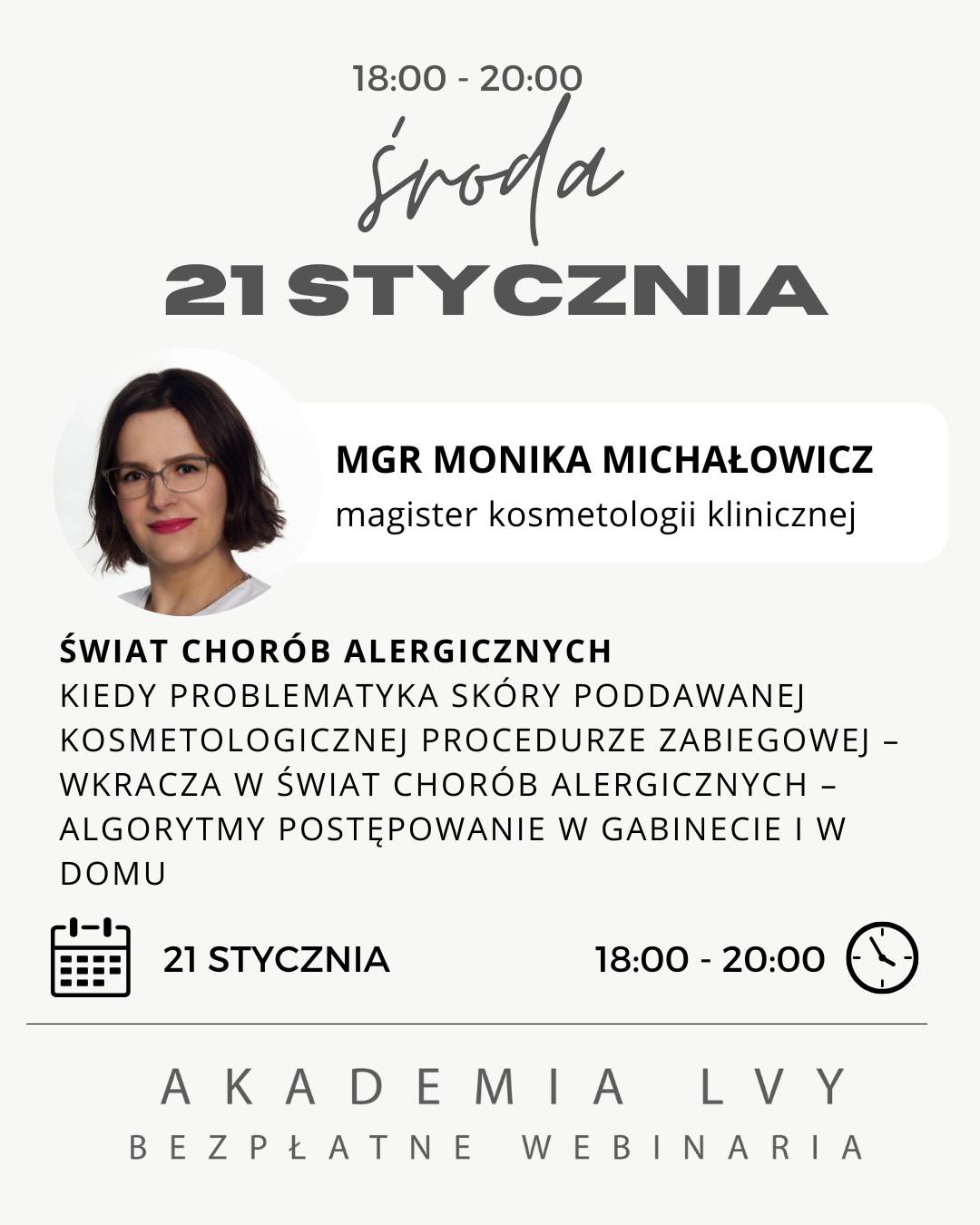 ŚWIAT CHORÓB ALERGICZNYCH – WEBINARIUM, KTÓRE OTWORZY NOWĄ PERSPEKTYWĘ NA PRACĘ ZE SKÓRĄ WRAŻLIWĄ I REAKTYWNĄ
Kiedy praca kosmetologa wkracza na terytorium alergologii, potrzebna jest wiedza, która pozwala bezpiecznie diagnozować, reagować i prowadzić klienta krok po kroku. Dlatego 21 stycznia zapraszamy na wyjątkowe szkolenie online, w którym przeanalizujemy świat alergii… od podstaw po praktyczne algorytmy postępowania.
To spotkanie jest idealne, jeśli pracujesz z cerą reaktywną, atopową, podrażnioną, „nieprzewidywalną”, a także z klientami, u których pojawiają się reakcje po kosmetykach lub zabiegach.
Dowiesz się m.in.:
- Czym naprawdę jest alergia, a co jest tylko mitem.
- Jak rozpoznać konkretne typy reakcji alergicznych – i nie pomylić ich z podrażnieniem.
- Jakie składniki w kosmetykach uczulają najczęściej.
- Jak wygląda trądzik kosmetyczny i kiedy ten termin trafił do literatury medycznej.
- Czy kosmetyki „hipoalergiczne” faktycznie zmniejszają ryzyko alergii.
- Dlaczego zaburzona bariera hydrolipidowa tak silnie zwiększa ryzyko reakcji alergicznych.
- Jak krok po kroku postępować w gabinecie, gdy widzisz zmiany o etiologii alergicznej.
- Jak edukować klienta, aby zmniejszyć ryzyko nawrotów.
To nie będzie teoria oderwana od rzeczywistości. To praktyczne narzędzie do codziennej pracy – szczególnie w gabinetach, gdzie coraz częściej pojawiają się skóry wrażliwe, nadreaktywne, z trądzikiem różowatym, AZS czy problemami wywołanymi składem kosmetyków.
@monika_michalowicz