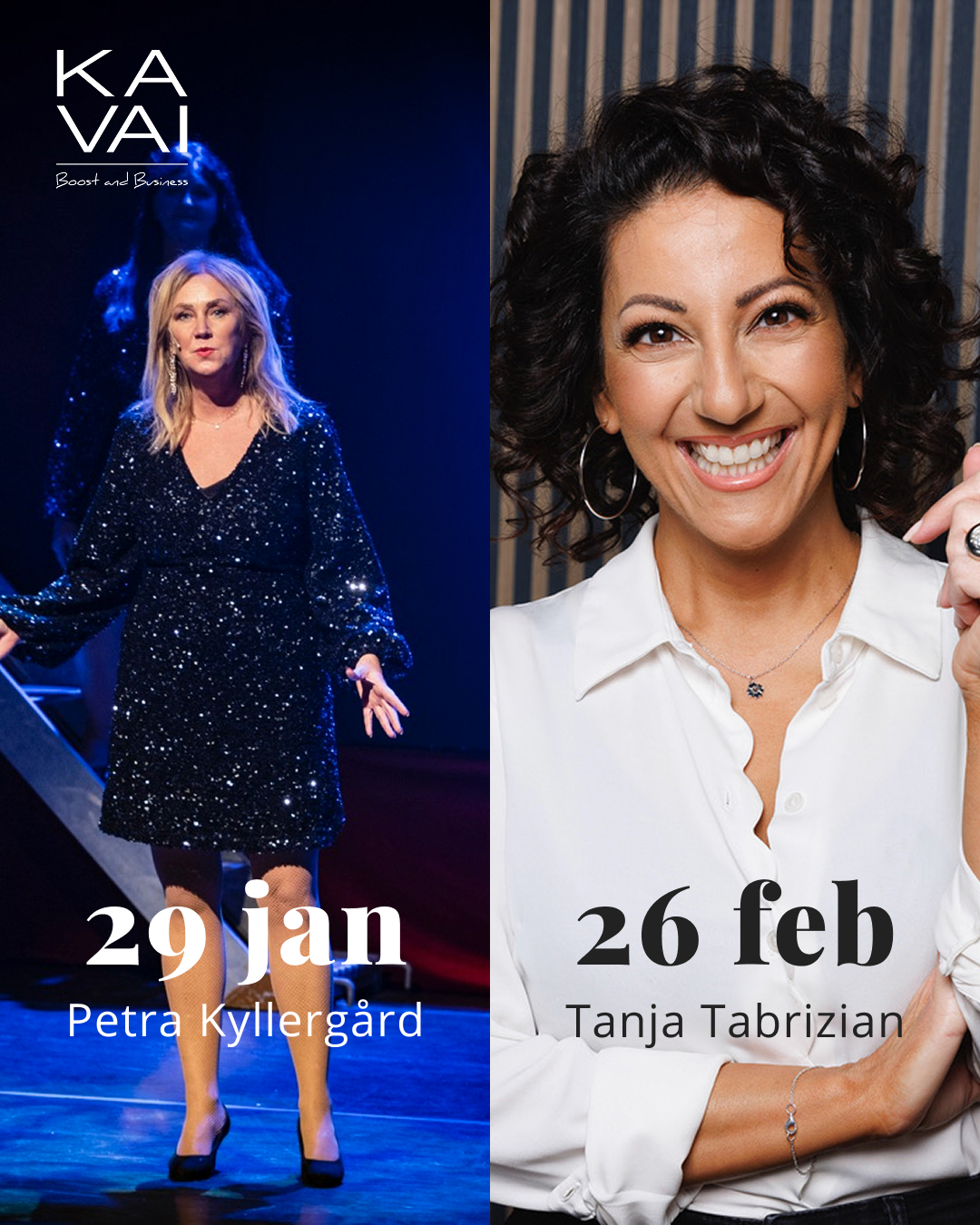 2026 börjar starkt hos Kavai 🌟
Vi är otroligt peppade på årets första föreläsningar - här kommer en liten försmak🌸
I januari välkomnar vi Petra Kyllergård – psykolog med över 20 års erfarenhet och driver idag Borås Psykoterapiinstitut.
Många känner igen henne från P4 Sjuhärad, där hon ofta delar med sig av psykologiska reflektioner i vardagen. Andra har sett henne på Sagateaterns scen, där hon sjunger, dansar och spelar teater som en del av KalsongRevyn.
I sin föreläsning bjuder Petra på insikter om vad som får oss att må bra i en ibland stressande värld – och om modet att ta huvudrollen i sitt eget liv. När du går därifrån hoppas Petra att du, precis som hon, känner dig hoppfull inför mänskligheten och motiverad att göra gott – både för dig själv och för andra💛
I en tid där synlighet ofta är makt möter många kvinnor fortfarande hinder för att höras, synas och leda. I februaris föreläsning möter vi Tanja Tabrizian, erfaren kommunikationsrådgivare med bakgrund inom politik, kultur, näringsliv och offentlig sektor.
Tanja har i åratal arbetat bakom kulisserna i komplexa och utsatta sammanhang – stöttat ledare, organisationer och offentliga personer när trycket varit som störst. Idag hjälper hon andra att ta kontroll över sin synlighet och bygga förtroende, utan att kompromissa med sin integritet.
Under föreläsningen delar Tanja konkreta verktyg, verkliga exempel och skarpa insikter om strategisk kommunikation, personligt varumärke och hur kvinnor kan ta mer plats i offentligheten – på sina egna villkor⭐
Säkra din plats redan nu! Läs mer och anmäl dig👉https://www.kavai.se/event-list