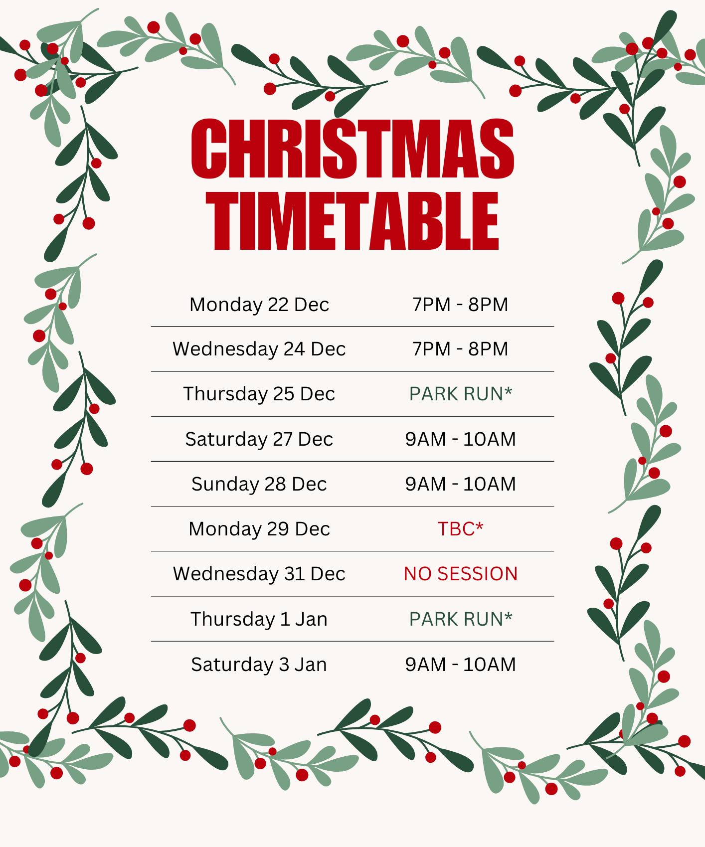🎄Christmas Timetable🎄Things to note:
⭐CHRISTMAS EVE - ON AS USUAL
⭐CHRISTMAS DAY - Not a usual session day, but some of us will be meeting for Park Run at 08:50 by the clock tower for 9am start. All welcome.
⭐29th JAN - TBC due to Argyle playing at Home. Please vote on the poll in our social group and we will confirm alternative arrangements ASAP.
⭐NEW YEARS EVE - NO SESSION
Usual timetable resumes from 3rd Jan. Merry Christmas 🎄🍾🎅