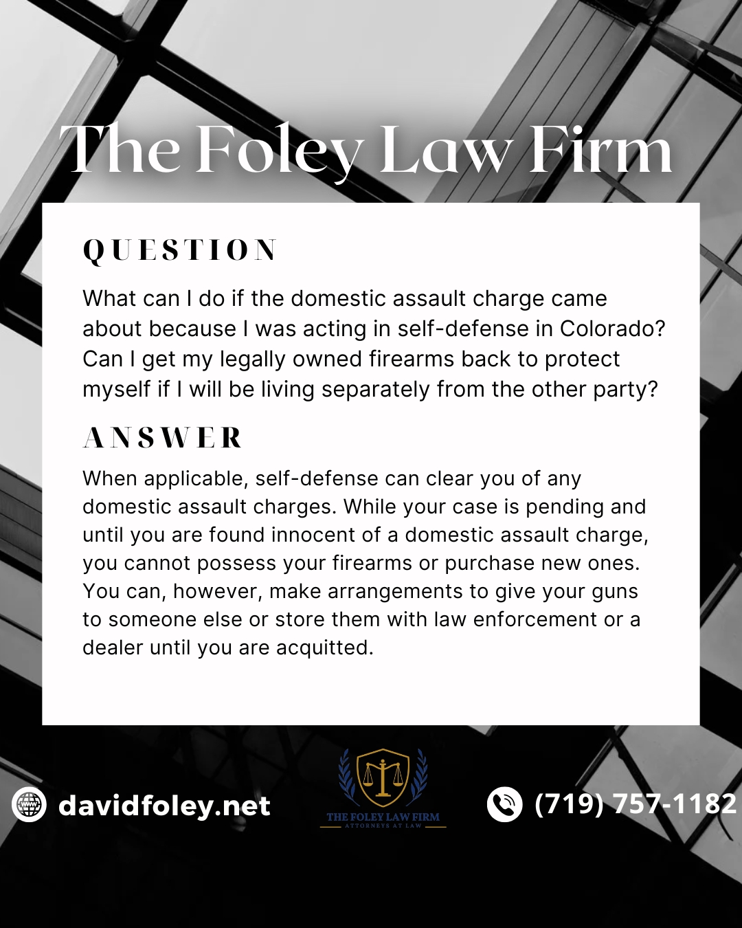 Self-defense can be a valid legal defense in a domestic assault case, but there are still important restrictions to be aware of while your case is pending. Even if you acted to protect yourself, Colorado law can temporarily limit firearm possession until the matter is resolved. Knowing what steps you can take and what options are available is critical.
If you’re facing these questions, an experienced criminal defense attorney can help you understand your rights and next steps.
Learn more at davidfoley.net or call (719) 757-1182.
#TheFoleyLawFirm #coloradosprings #criminaldefense #CriminalDefenseAttorney #selfdefense