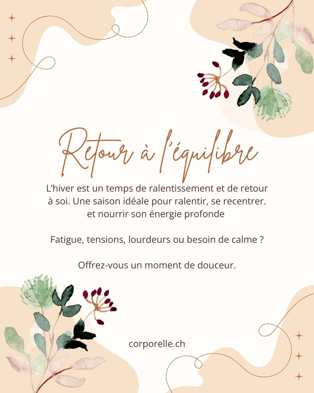 ✨ Retour à l’équilibre ❄️✨
En Médecine Traditionnelle Chinoise, l’hiver est un temps de ralentissement et de retour à soi.
Une saison idéale pour préserver son énergie vitale et retrouver l’équilibre après les fêtes 🌙
Fatigue, tensions, lourdeurs ou besoin de calme ?
Offrez-vous un moment de régénération profonde au cabinet de soins Corporelle 🌿
👣 Réflexologie
💧 Drainage lymphatique
💆♀️ Massage détente
🌿 Massage métamorphique
✨ Soins combinés et personnalisés
💛 Ralentir. Se recentrer. Nourrir son énergie profonde.
🌿Je me réjouis de vous rencontrer
📍 Cabinet Corporelle.ch – Brigitte Borloz – Hameau de la Gare - Les Diablerets
🌐 Réservation en ligne : www.corporelle.ch/reservations
📱 Pour me joindre : +41 77 481 02 85 ou email : info@corporelle.ch
Thérapeute agréée ASCA et RME (selon les soins)
@diablerets @arcad_lesdiablerets
@therapeutes.ch