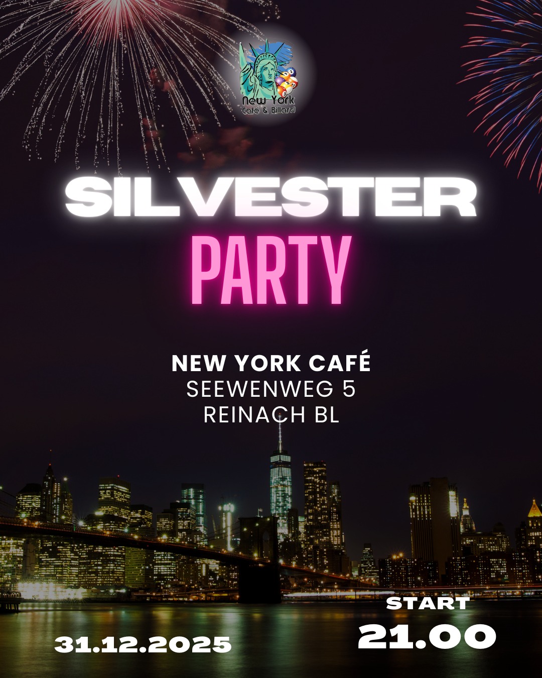 🎉🥂 Silvester im NewYorkCafe! 🥂🎉
Am 31.12.2025 heisst es bei uns: Goodbye 2025 – Hello 2026!
Feiert den Jahreswechsel im NewYorkCafe mit guter Stimmung, Drinks, Musik und gutem Essen. 🍔🎱✨
Wer Silvester nicht zuhause verbringen will, ist bei uns genau richtig!
👉 Silvester-Party im NewYorkCafe – wir sehen uns am 31.12.!
#SilvesterParty #NewYorkCafe #Reinach