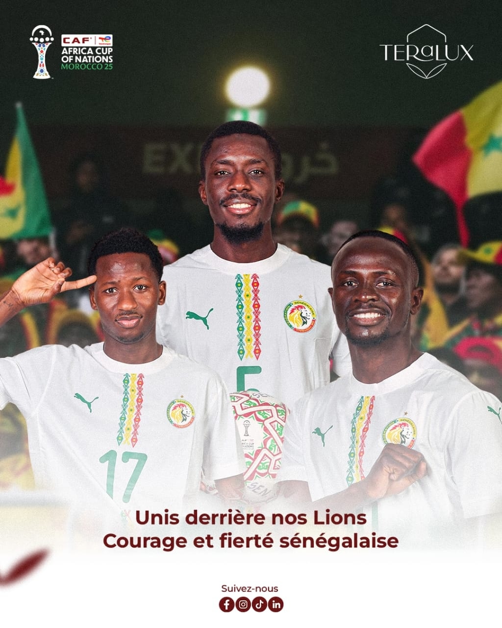 🇸🇳 Jour de match ! 🦁
Aujourd’hui, nos Lions entrent en scène.
Unis, confiants et fiers derrière le Sénégal.
Force à l’équipe 🇸🇳
La victoire commence avec le soutien du peuple.
#JourDeMatch
#UnisDerrièreNosLions
#LionsDeLaTeranga
#can2025