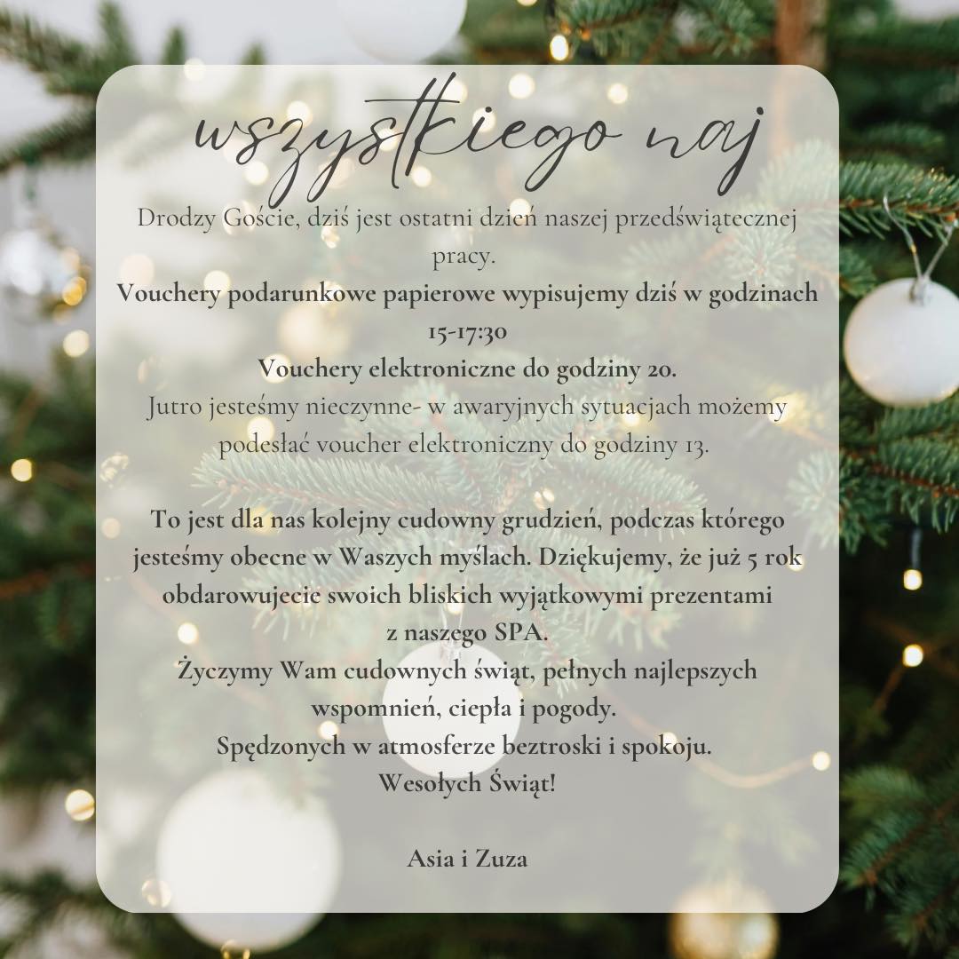 Miniogłoszenie odnośnie godzin pracy 🎁
I najserdeczniejsze życzenia od nas 🫶🏻
Wesołych świąt Kochani Goście i Przyjaciele Blue Tori SPA 🌲❤️