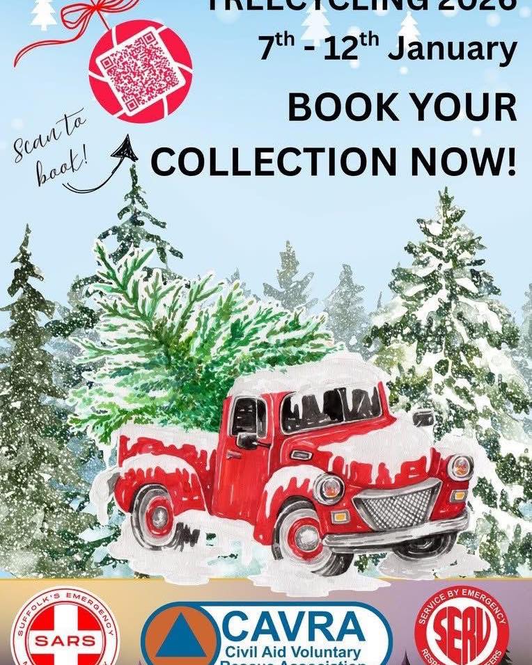 Got a real Christmas tree? Let us collect it in January and turn it into something good for the planet and the community!
From 7th–12th January, we’ll be out collecting trees across Suffolk thanks to our collaboration with SARS - Suffolk’s Emergency Medical Charity and SERV Suffolk and Cambridgeshire.
Together, we’re able more ground than ever before!
Your tree will be chipped by our team of tree surgeons before being recycled by J B Biomass, making this the most eco-friendly way to say goodbye to your festive fir.
We suggest a £5 donation per tree, but every extra pound helps us do even more throughout Suffolk.
We’re also looking for volunteers, vehicles, and support with fuel, advertising, and sustenance—get in touch if you can help!
Book now via this link: https://wkf.ms/4ocdoj5
Let’s turn your tree into something truly meaningful this January.
#Treecycling2026 #RecycleForRescue #EcoGiving #SARS999 #SERVSC #CAVRA