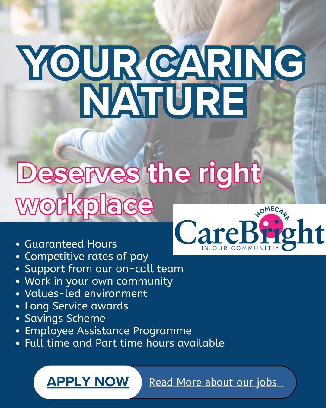 Be supported in Homecare
Caring for people in their own homes is special work.
If youโre a Homecare HCA in Limerick and hoping for better support, reliable schedules, and work that fits your life, CareBright have roles starting in January.
One-to-one care. Local clients. Supportive teams. Paid mileage. Paid Travel Time.
Apply now
https://app.qintil.com/1315/recruitment/carebright-applynow