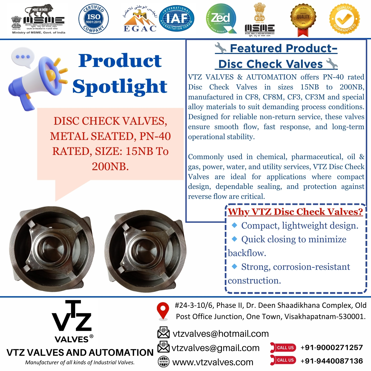 🔧 Product Spotlight – Disc Check Valves 🔧
Compact, efficient, and reliable — VTZ PN-40 Disc Check Valves (15NB–200NB) are designed to prevent reverse flow while ensuring smooth, uninterrupted operation.
Available in CF8, CF8M, CF3, CF3M & special alloys, these valves are widely used in chemical, pharma, oil & gas, power, and water applications.
📩 DM us for specifications & enquiries
#VTZValves #DiscCheckValve #IndustrialValves #FlowControl #ProcessIndustry #ChemicalIndustry #PharmaIndustry #OilAndGas #PowerPlants #WaterTreatment #ValveManufacturing #MakeInIndia