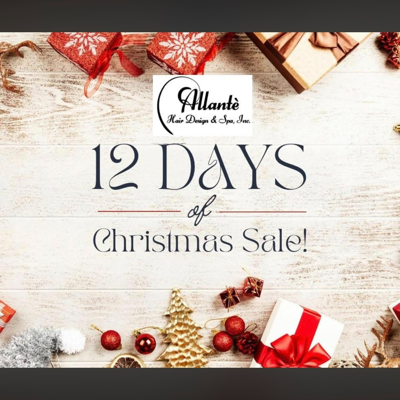 🎄✨ 🎁 12 DAYS OF CHRISTMAS GIVEAWAYS! 🎁 ✨🎄
It’s the most wonderful time of the year at Allanté Hair Designs & Spa — and we’re celebrating YOU with 12 days of amazing giveaways!
We will post ONE giveaway item each day… and entering is super easy!
⭐ HOW TO ENTER EACH DAY:
To qualify for that day’s prize, you must:
• ❤️ LIKE the giveaway post
• 💬 COMMENT on the post
• 🔁 SHARE the post to your page
• 👯♀️ (Optional but helpful!) Tag a friend who would LOVE Allanté!
Every day = a new chance to WIN! 🎉
Winners will be announced the following morning.
🎅 From luxury hair products…
🎁 To gift cards…
💆♀️ To pampering spa goodies…
We can’t wait to spoil you this Christmas season!
📍 Allanté Hair Designs & Spa
✨ Where beauty meets holiday magic.