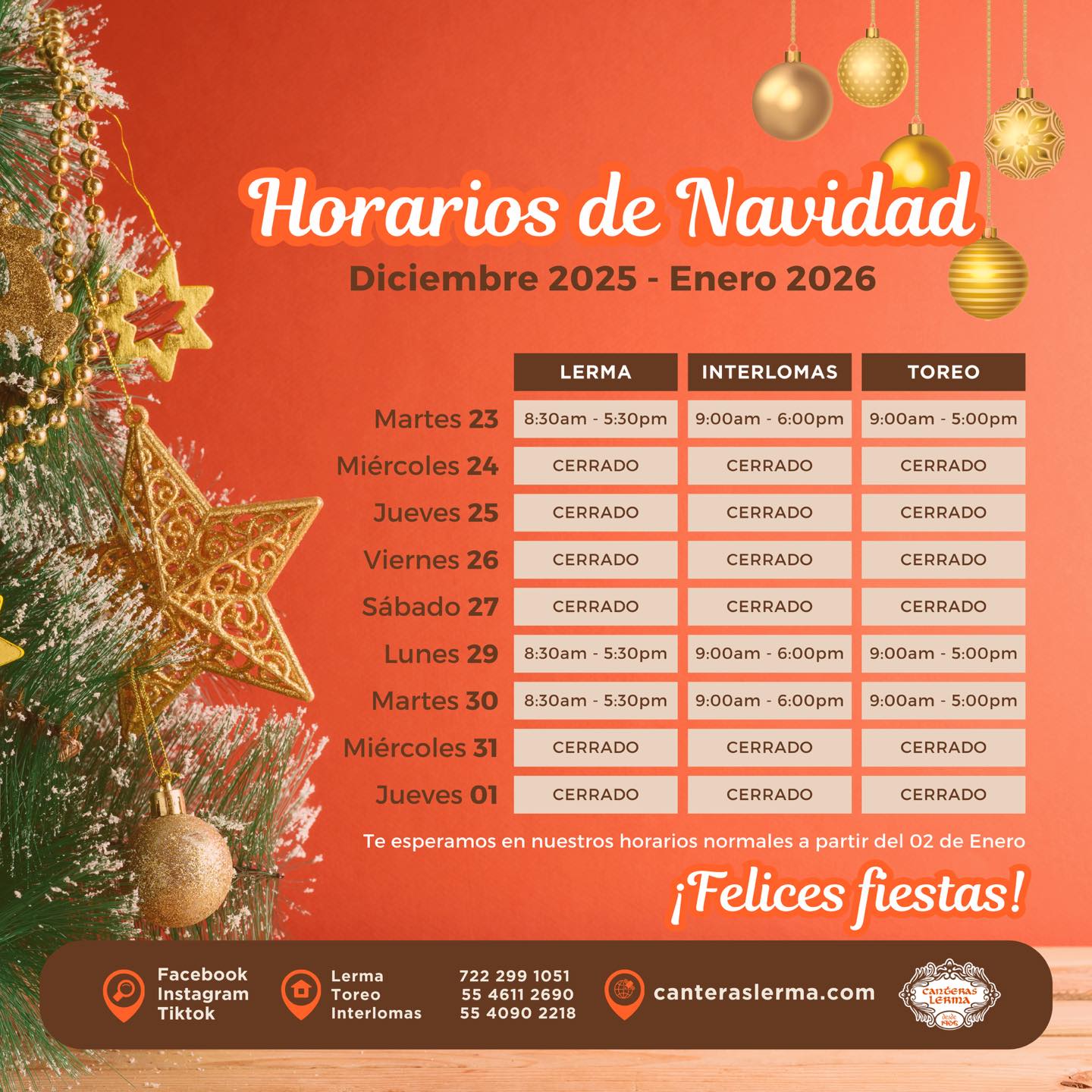 🚨 ¡ATENCIÓN! 🚨 Conoce nuestros horarios de atención para esta temporada navideña. Recuerda que siempre puedes conocer nuestro trabajo en la página web 📲 https://www.canteraslerma.com
#felicesfiestas #Feliznavidad #CanterasLerma