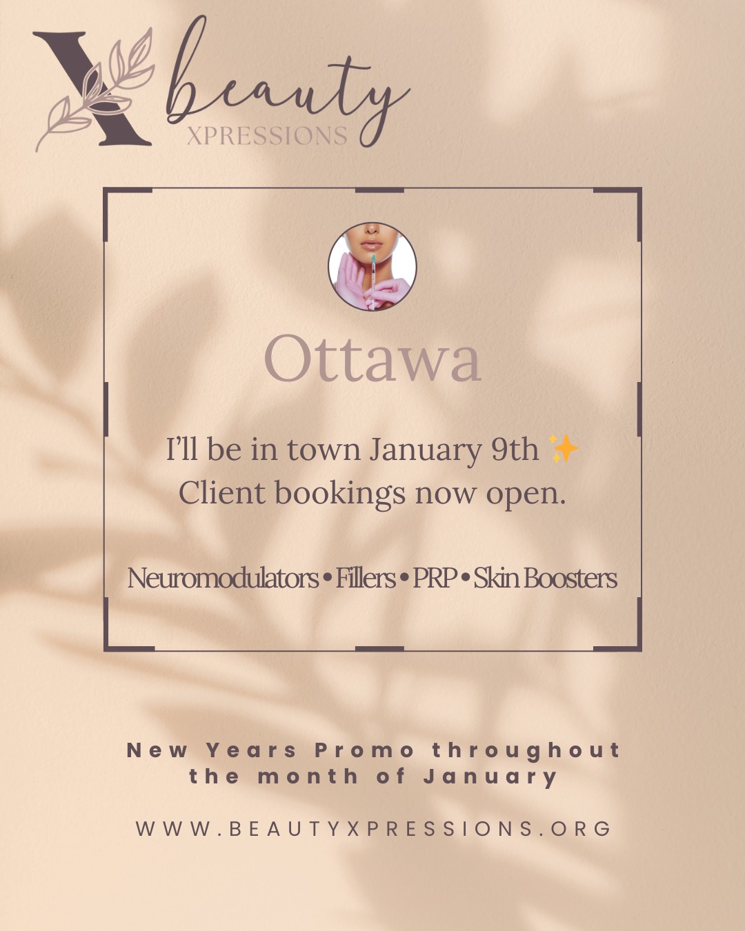 Back in Ottawa on January 9th 🤍 - January promo prices available 🙂
Client bookings now open for neuromodulators, fillers, PRP, and biostimulators.
Looking forward to seeing you — booking link in bio or can be found at www.beautyxpressions.org