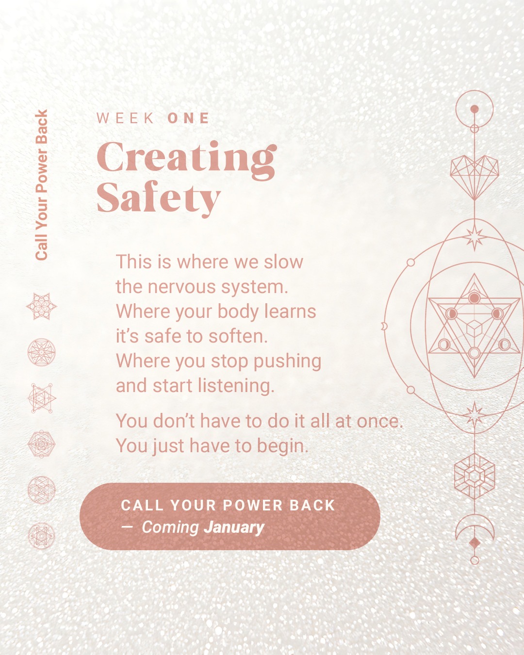 Week One is about slowing down.
Before we explore emotions.
Before we reclaim energy.
Before anything shifts.
We begin by creating safety in the body.
This is where the nervous system softens.
Where the breath steadies.
Where you stop pushing and start listening.
Nothing is rushed here.
Nothing is forced.
You don’t have to do it all at once.
You just have to begin.
If this resonates, you’re invited to follow along.