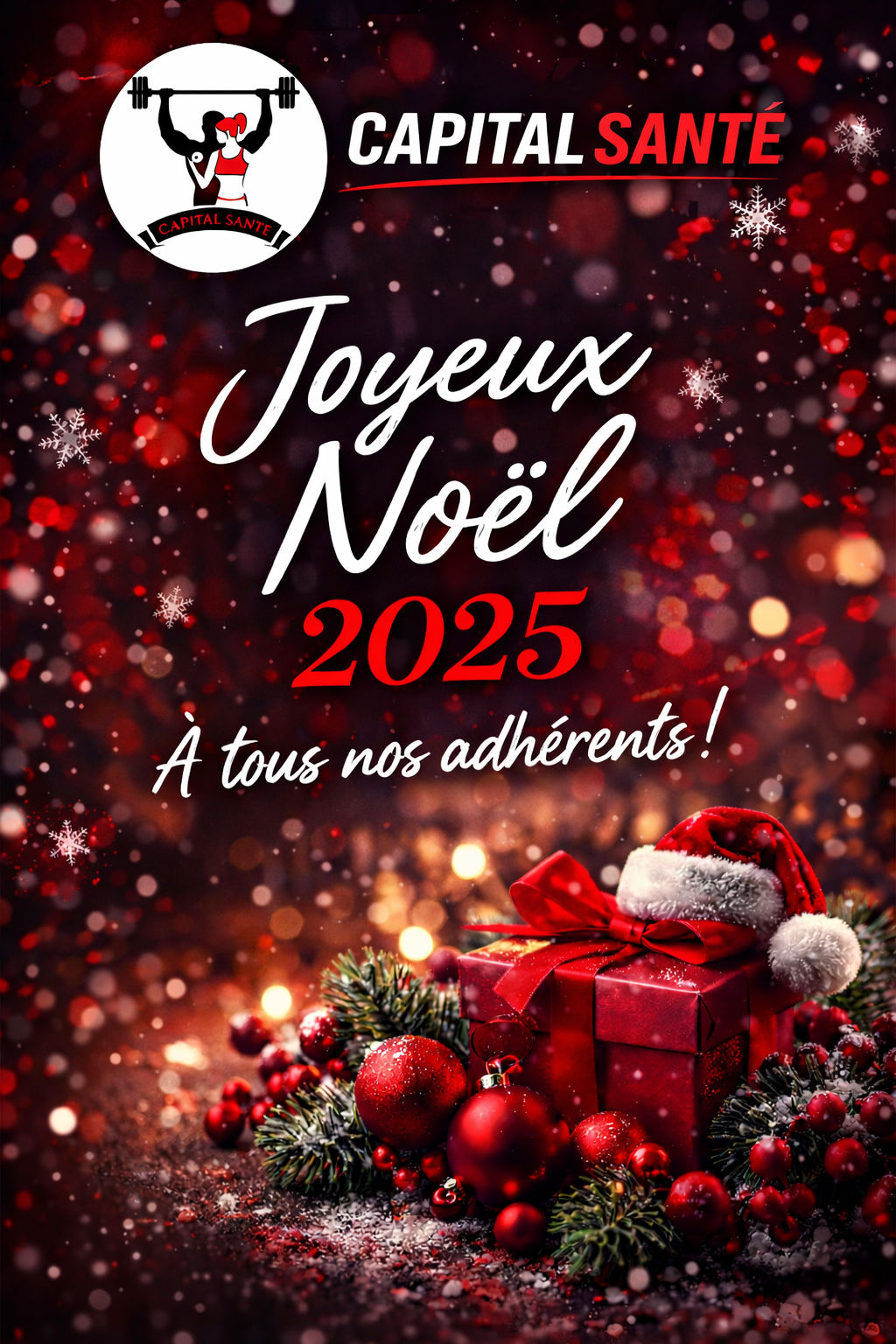 🎄💪 Joyeux Noël 2025 à tous ! 💪🎄
Toute l’équipe de "Capital Santé" vous souhaite de très belles fêtes.
Merci pour votre motivation, votre régularité et votre énergie tout au long de l’année.
Profitez, rechargez les batteries… et on se retrouve très vite pour continuer à repousser les limites ensemble 🔥
Force, santé et plaisir d’entraînement !