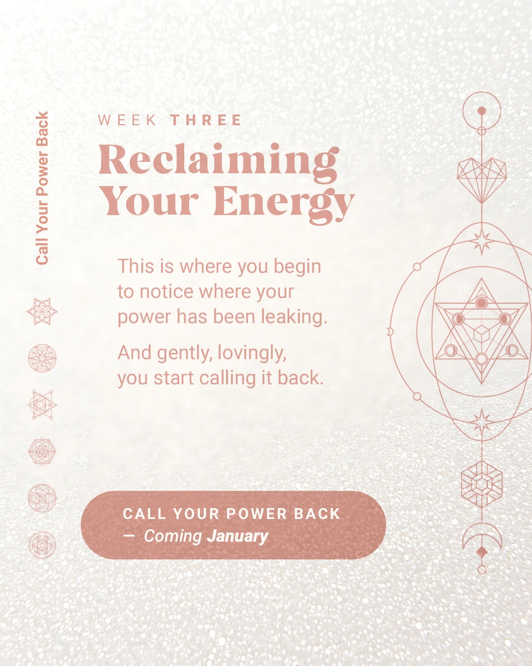By Week Three, awareness begins to sharpen.
You start noticing where your energy has been leaking.
Where you’ve been over-giving.
Where you’ve been carrying what isn’t yours.
And gently, lovingly, you begin to call it back.
This week isn’t about blame or regret.
It’s about choice.
It’s about remembering that your energy matters.
Small shifts here create lasting change.
If this resonates, you’re invited to follow along.