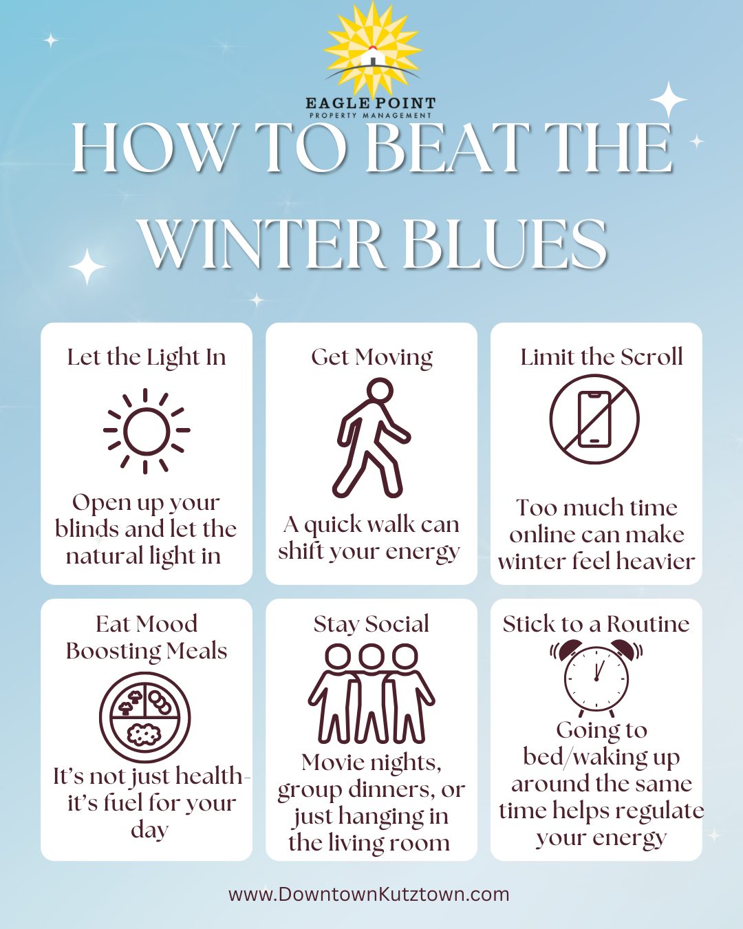 Short days. Cold weather. Zero motivation? We’ve been there.
Here are a few low-effort ways to shake the winter slump. 🕯️✨
#WinterBlues #YouGotThis #eaglepoint #downtownkutztown #KU #goldenbears #kutztownuniversity #livehowyouwantto #EPPM