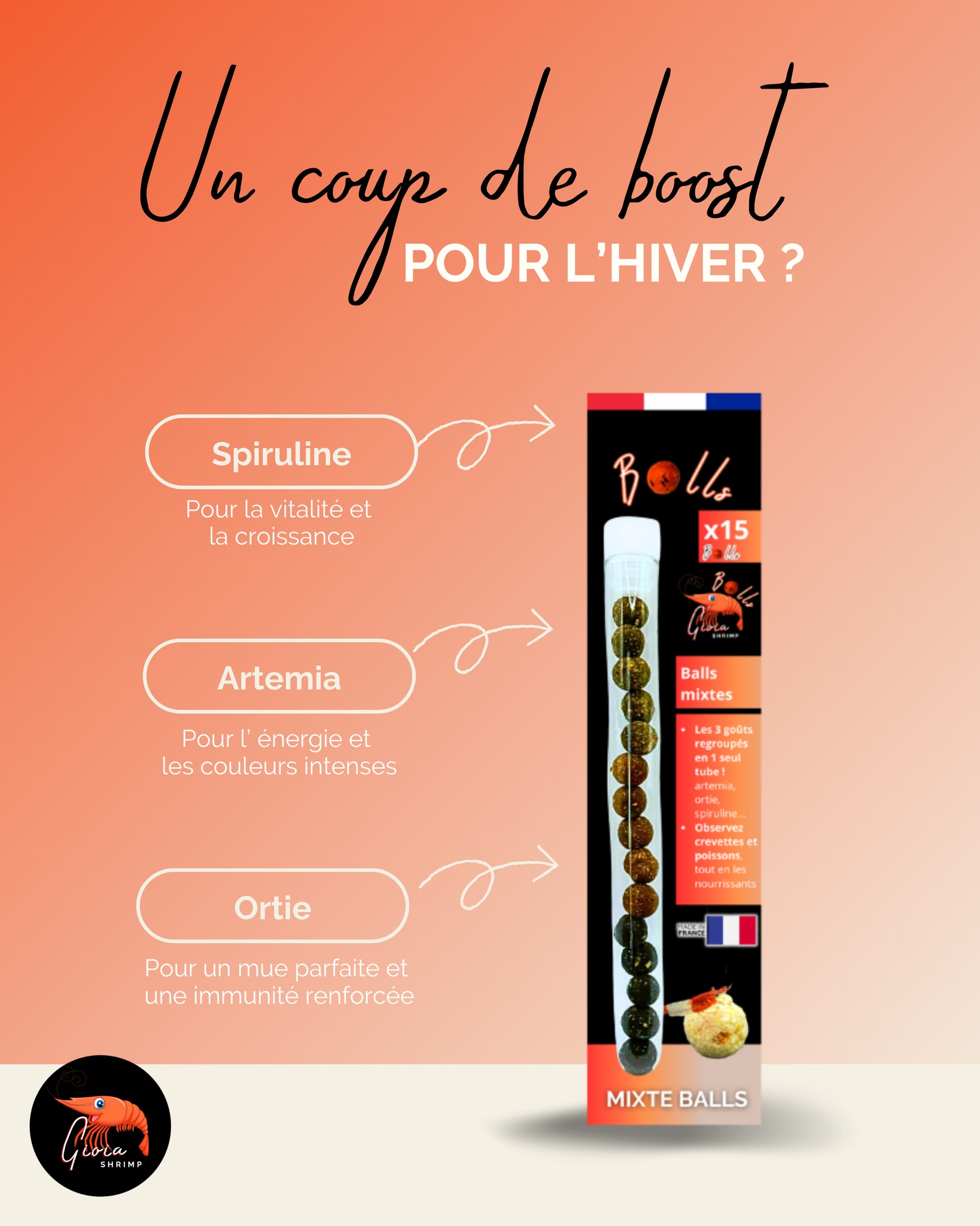❄️ En hiver, vos crevettes ont besoin d’un petit coup de boost ! 🦐
Les GioiaBalls Mix Original sont la solution naturelle pour renforcer leur santé et leurs couleurs 💪
🌿 3 recettes complémentaires :
Spiruline → vitalité et croissance
Artemia → énergie et couleurs intenses
Ortie → mue parfaite et immunité renforcée
💡 Astuce : 1 balle pour 5 à 30 crevettes, tous les 2 à 3 jours.
👉 Fabriquées en France, à base d’ingrédients bio, pour un aquarium en pleine forme même en hiver.
#gioiaballs #gioiashrimp #shrimpfood #crevettesheureuses #bio #madeinfrance #aquariumhealthy #shrimplife #nutritionnaturelle #aquascaping