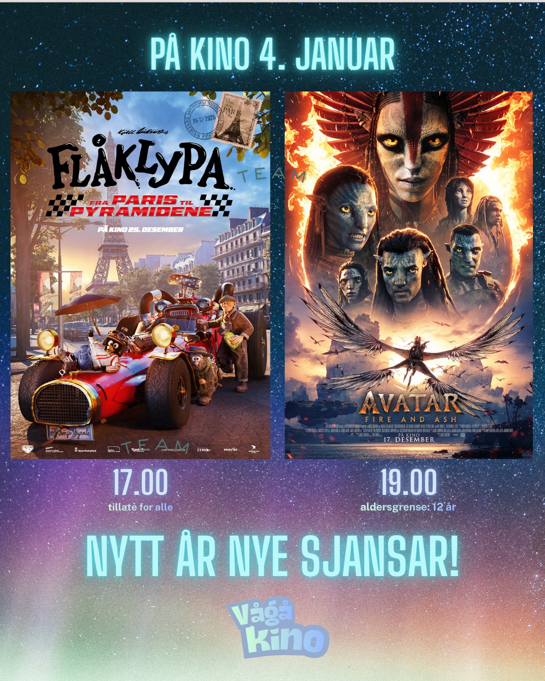 Snart nytt år og nye sjansar til å få med seg den beste norske teiknefilmen på lengje ...
🏎Flåklypa - fra Paris til pyramidene - tillate for alle
https://checkout.ebillett.no/211/events/946/purchase
... og den storslagne og engasjerande filmen
🔥🪨Avatar: Fire and Ash - aldersgrense. 12 år
https://checkout.ebillett.no/211/events/947/purchase