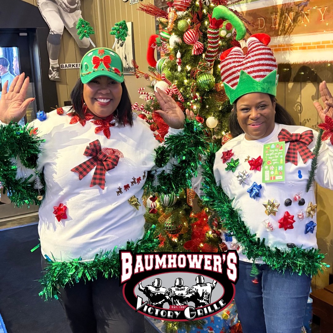 Merry Christmas from Baumhower’s Victory Grille! 🎅🍗
Check out some of our team’s best ugly Christmas sweaters 🎄
Every year, @goalohahospitality hosts an Ugly Sweater Contest — with a $500 grand prize! These are just a few of the entries.
We look forward to serving you all tomorrow!🔥🍗