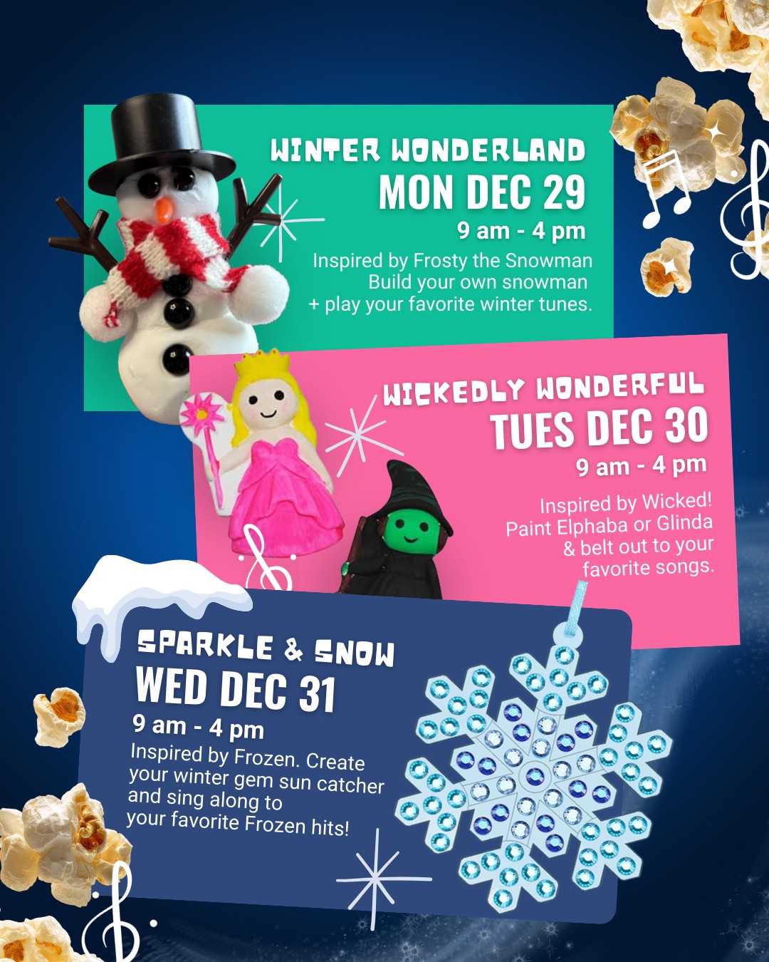 Need something fun (and screen-free š) after Christmas? Weāve got you.
š Winter Wonderland ā Monday, Dec 29
āļø Frosty-inspired fun, music & crafts
š¤š Wickedly Wonderful ā Tuesday, Dec 30
š¶ A magical day inspired by Wicked
⨠Sparkle & Snow ā Wednesday, Dec 31
āļø Frozen-inspired music, movement & creativity
Ages 5ā12 ⢠Drop-off ⢠Limited spots
Perfect for the week between Christmas & New Yearās āØ
š Save your spot now
Comment to sign up!
#fortworthmom #aledofamilyfun #weatherfordfamilyfun #MusicInstructor #benbrookmoms #hudsonoakstx #MusicLessonsTexas #WeatherfordMoms #WeatherfordTX #FortWorthKids