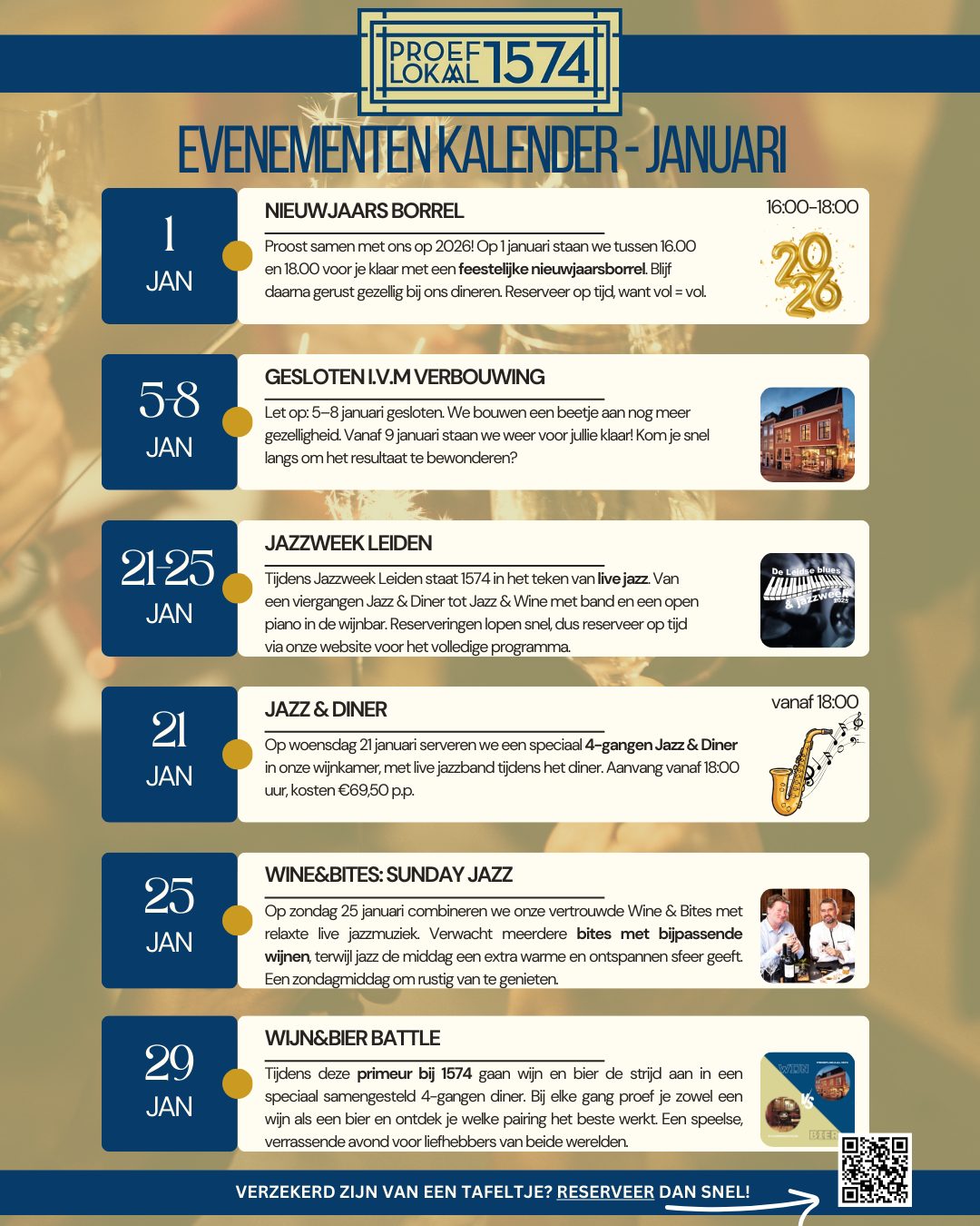 Het nieuwe jaar begint goed bij Proeflokaal 1574 ✨🥂
In januari staat onze agenda vol gezellige momenten: van de nieuwjaarsborrel op 1 januari, tot Jazzweek Leiden, Jazz & Diner, Wine & Bites met live jazz en onze Wijn & Bier Battle.
🍽️ Goed om te weten: er zijn nog plekken beschikbaar voor diner op 1 januari, dus schuif gezellig aan en start 2026 met goed eten en mooie wijnen.
👉 Bekijk de kalender, kies je moment en reserveer op tijd via de link in bio.