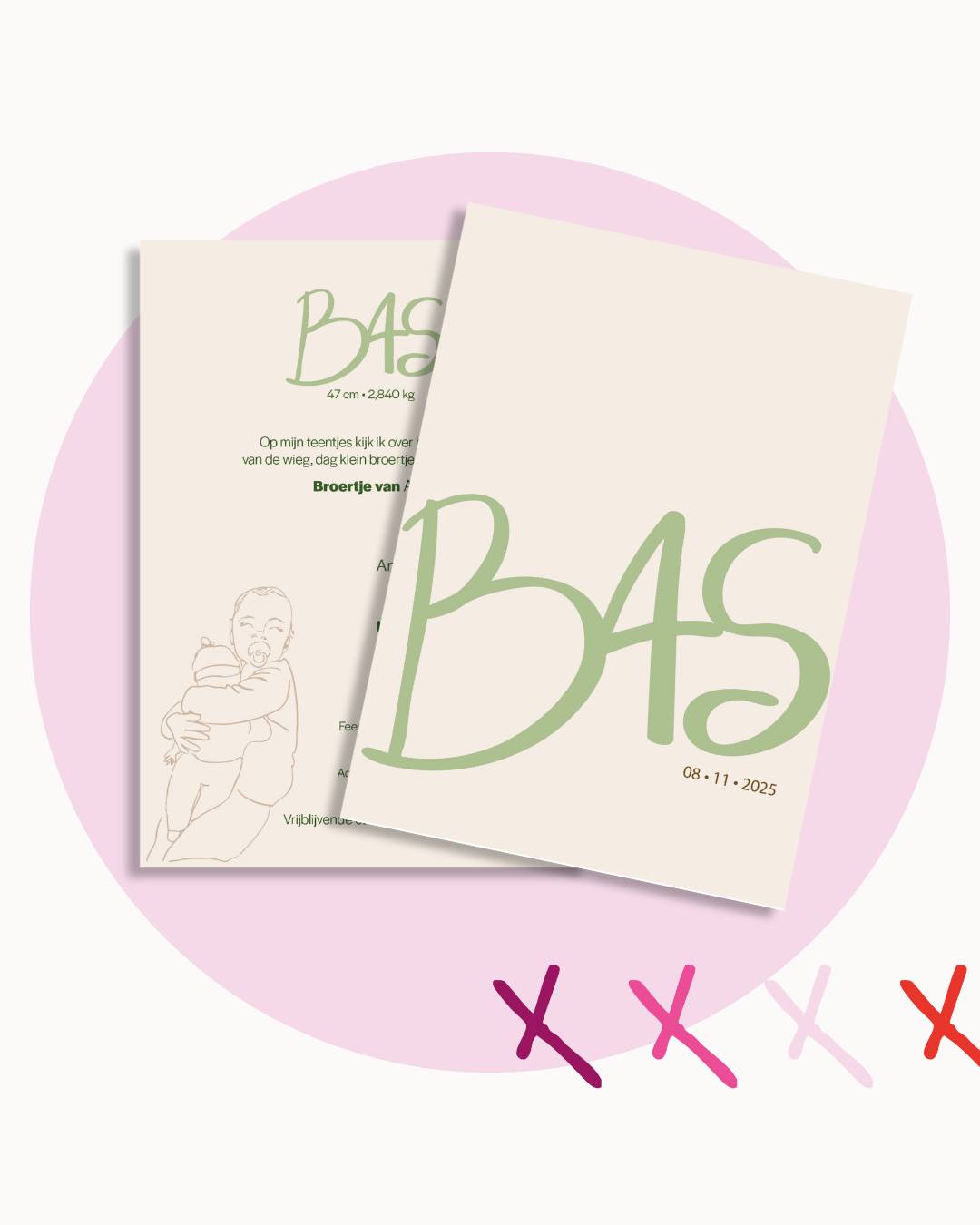 B A S.
Op 8 november 2025 werd Ava grote zus. Speciaal voor haar kleine broer Bas maakte ik een ontwerp dat oorspronkelijk niet gebaseerd werd op het kaartje van zijn grote zus, maar in de laatste ontwerpronde kozen mama en papa toch voor dit voorstel. Wie zich het kaartje van Ava nog herinnert zal zien dat er wat gelijkenissen zijn, maar ook hier werd er voor Bas een eigen, unieke versie van gemaakt. In het bijzonder met een lijntekening van Ava. Het was een plezier om het kaartje alweer te mogen ontwerpen!
Heel veel geluk Bas!
Liefs,
Sien
#gesieneerd #baby #geboorte #zegheteensmeteenkaartje #grafischontwerp #persoonlijk #geboortekaartje