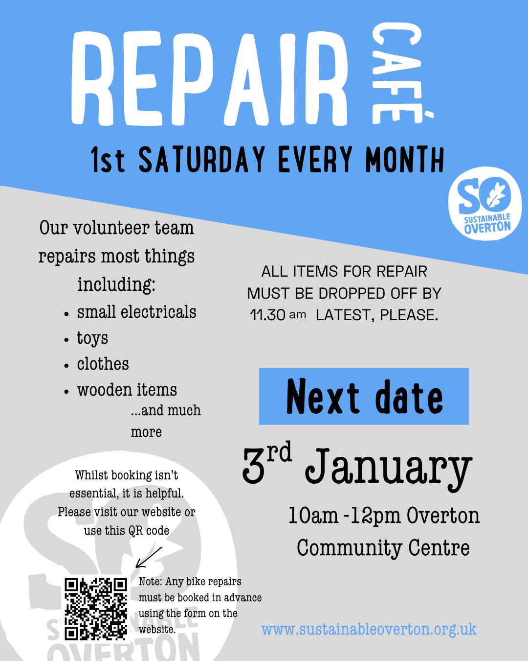 🛠Overton Repair Cafe is back tomorrow from 10am at the Community Centre🛠
Please book in items if you can, it's really helpful (though not essential).
Please arrive by 11:30am with your items to give the repairers time - it's challenging to make a repair if you come at 11:59 😜
(Knife Sharpener will be back on 7th Feb)