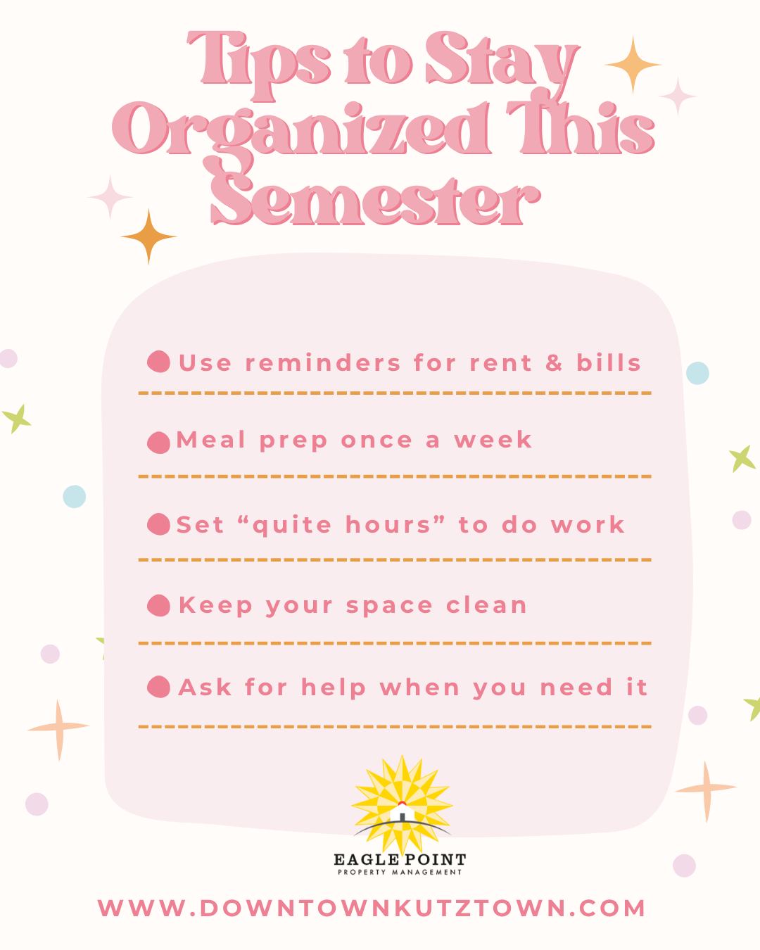 Wondering how your going to survive another semester of school, rent, and a social life starting next week?😵💫 Don’t worry, we’re here for you! Try out this easy tips to make your day to day life more organized and easy. #eaglepoint #downtownkutztown #KU #goldenbears #kutztownuniversity #livehowyouwantto #EPPM #January #BackToSchool #springsemester