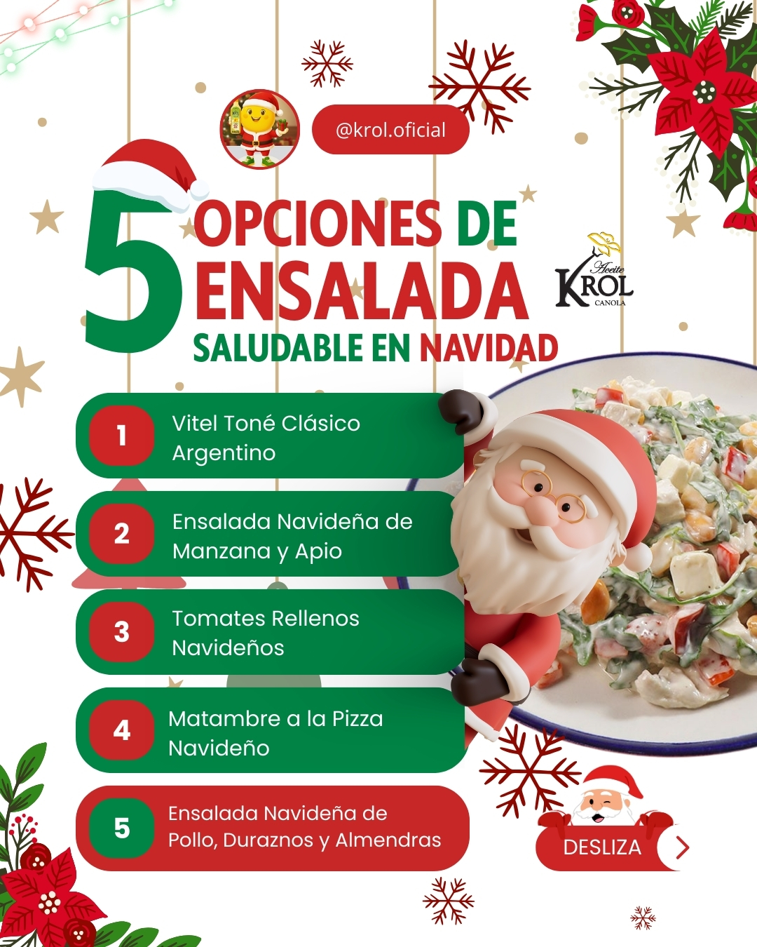 Cerramos nuestra serie de ensaladas navideñas con una de las combinaciones más frescas y especiales de la mesa argentina.
La Ensalada Navideña de Pollo, Duraznos y Almendras es perfecta para los que aman el toque dulce-salado… ¡y con Aceite KROL queda aún mejor! 🥗🍑
El sabor liviano y equilibrado de KROL sabor Limón realza todos los ingredientes y aporta Omega 3, 6 y 9 para una opción más saludable estas fiestas. 💛
👉 Deslizá para ver ingredientes, paso a paso y nuestro CONSEJO KROL
Probala en tus reuniones y sorprendé a todos con una receta fresca, ligera y llena de sabor.
KROL — El aceite que transforma tus recetas de siempre en algo especial.
#RecetasKROL #NavidadSaludable #EnsaladasNavideñas #CocinaConKROL #IdeasParaLasFiestas