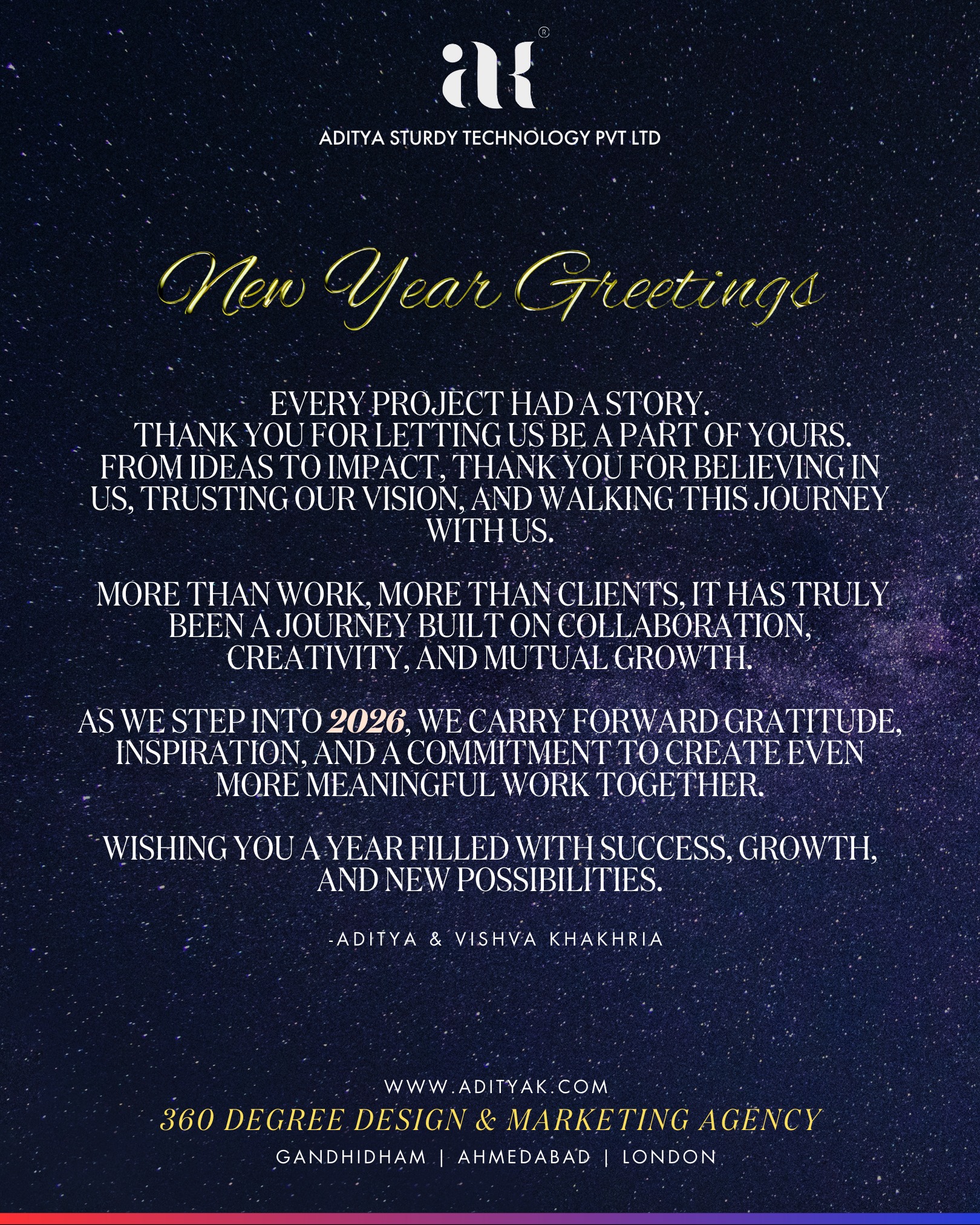 2025 gave us memories, milestones, and meaningful partnerships.
As we step into 2026, we carry gratitude and ambition forward.
Here’s to creating more impact together. ✨
With Love,
Aditya Sturdy Technology Pvt. Ltd.