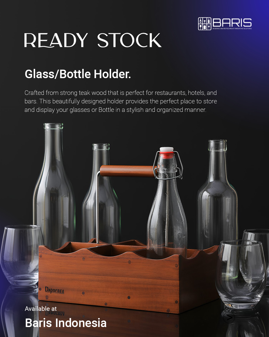 READY STOCK
Glass / Bottle Holder
Crafted from solid teak wood, designed to elevate your bar setup.
Perfect for restaurants, hotels, and bars that value both function and aesthetics.
Clean lines, sturdy build, and a timeless look —
a simple way to keep your glasses and bottles organized, displayed, and always within reach.
Available now at Baris Indonesia.
CONTACT US
Whatsapp : +62 811-3877-8844
Email : barisindonesia40@gmail.com
Website : www.barisindonesia.com
Find Us
Jl. Diponegoro No.717, Pedungan, Denpasar Selatan, Kota Denpasar, Bali
#BarisIndonesia #ReadyStock #GlassHolder #BottleHolder
#BarEquipment #BarTools #HospitalitySupplies
#RestaurantEssentials #HotelSupplies #PremiumBarware