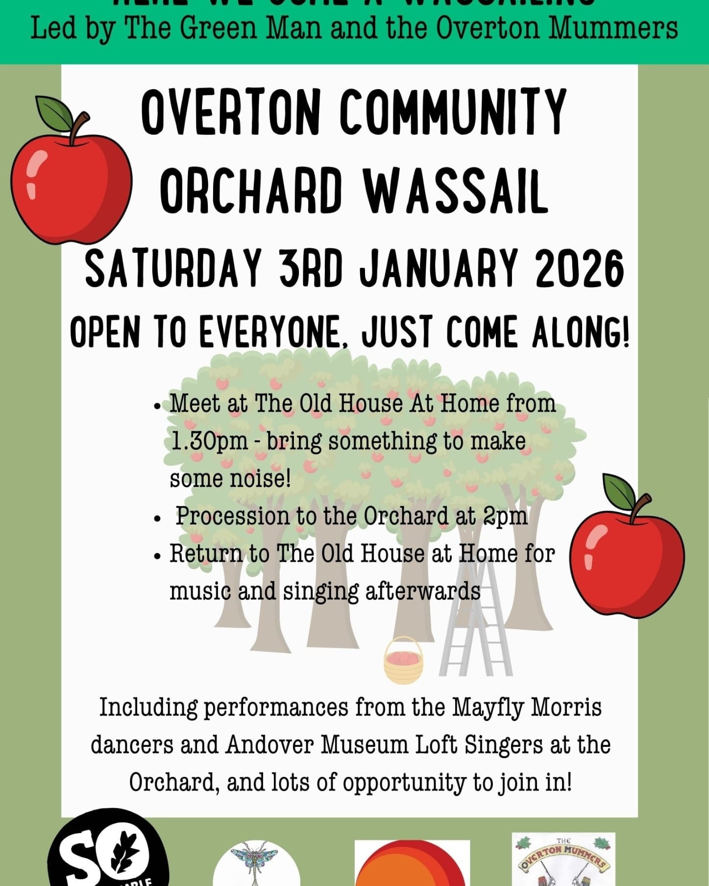 Come and join us today for a traditional mid-winter celebration, a Wassail, at the Community Orchard.
This event is an Old English ceremony dating back perhaps a thousand years, and involves singing and blessing to the health of trees on Twelfth Night in the hopes that they might better thrive and produce a better harvest.
Open to all - please come meet us at the Old House at Home from 1:30, where we will process to the orchard making as much noise as we can, and celebrate with music, singing and dancing.