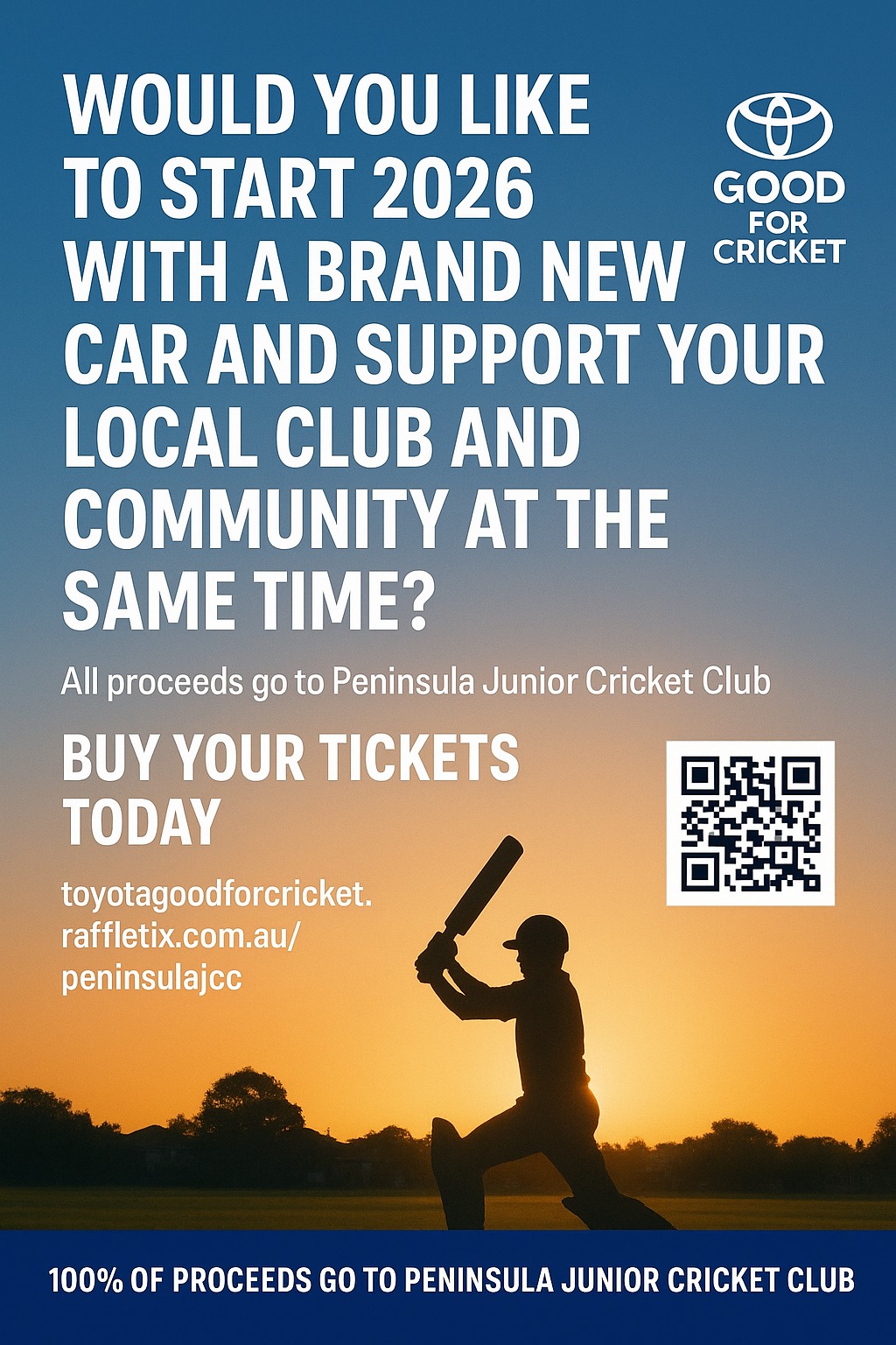 Start the year doing something good for the local community 🏏💚
Support Peninsula Junior Cricket Club by grabbing a raffle ticket — 100% of proceeds go back into junior cricket, and you could win a brand new Toyota 🚗
🎟️ Tickets here 👉
https://toyotagoodforcricket.raffletix.com.au/peninsulajcc?q=buy