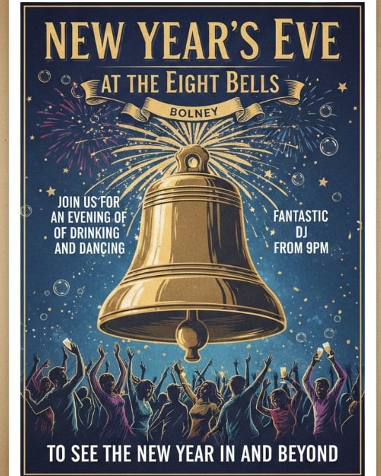 🥂 New Year's Eve is approaching us fast!💃
There’s no place like your local to see in the new year! 🍻 Join the team at The Eight Bells and make our first New Year together, a night to remember. Music will start from 9 pm until late—come down and help us start 2026 with a bang!