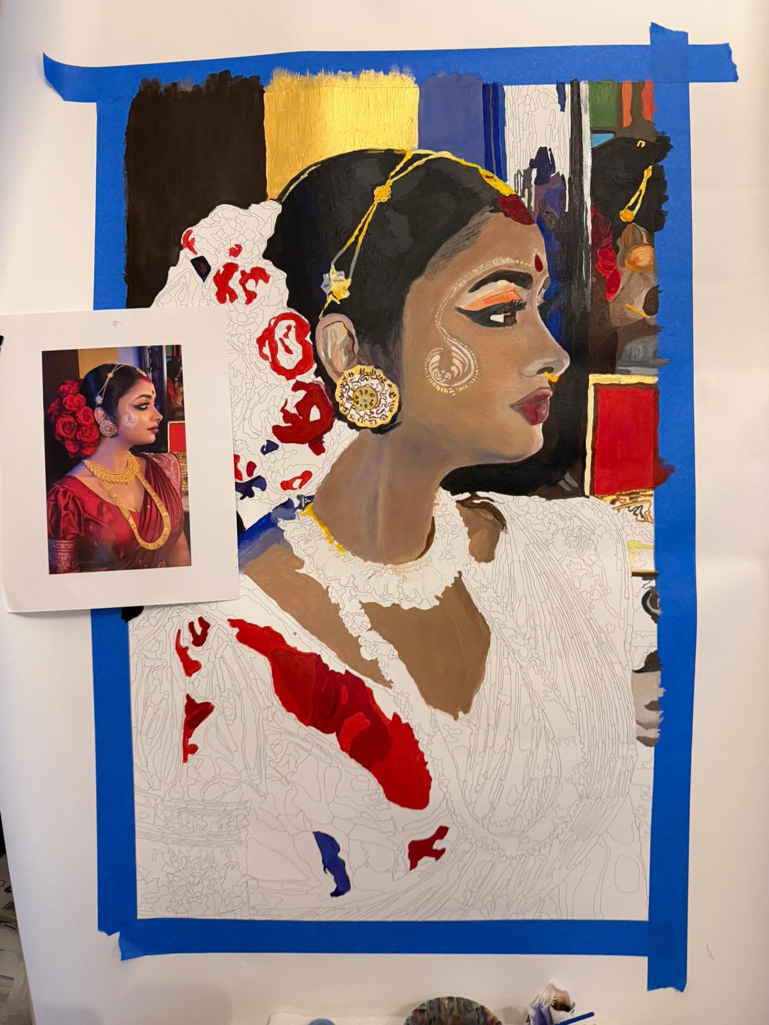 A little peachier but still looks ashen. She is a little darker in complexion than the digital image I fixed her forehead. I think the earring is coming out well. The reflection in the mirror behind her is pretty cool.