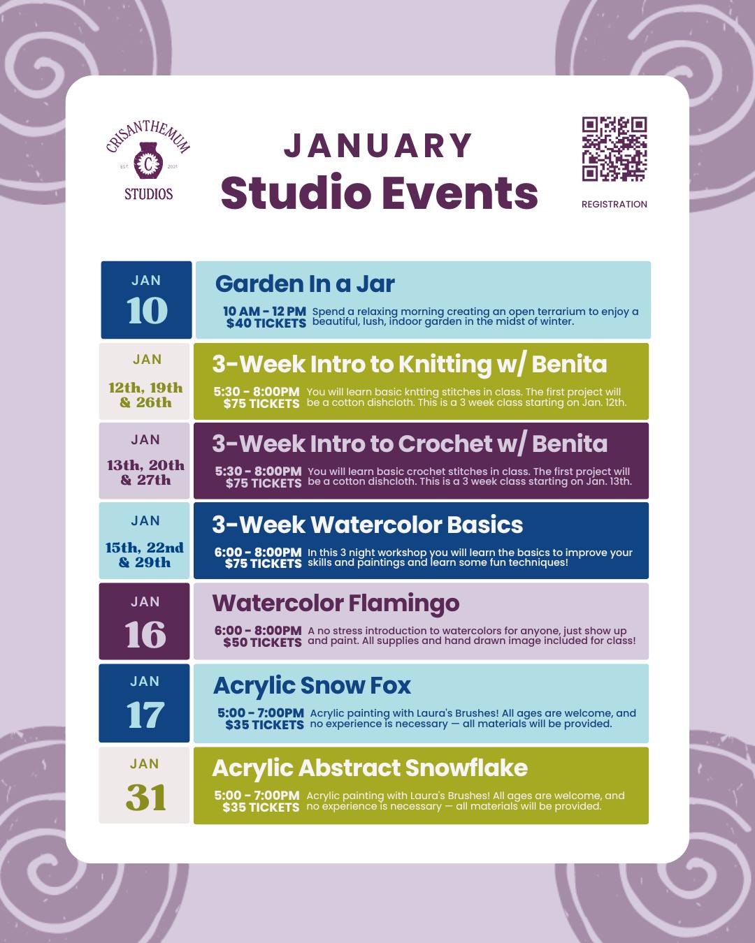 Start the year off right with a new creative outlet!✨ January is packed with art, fiber, and hands-on workshops—perfect for learning something new or jumping back into what you love. Join us at the studio and make this year an inspired one. ☺️💜
📲 Register Now: crisanthemumstudios.com/eventcalendar
#artclasses #familyactivities #pilotmountainnc #supportlocal