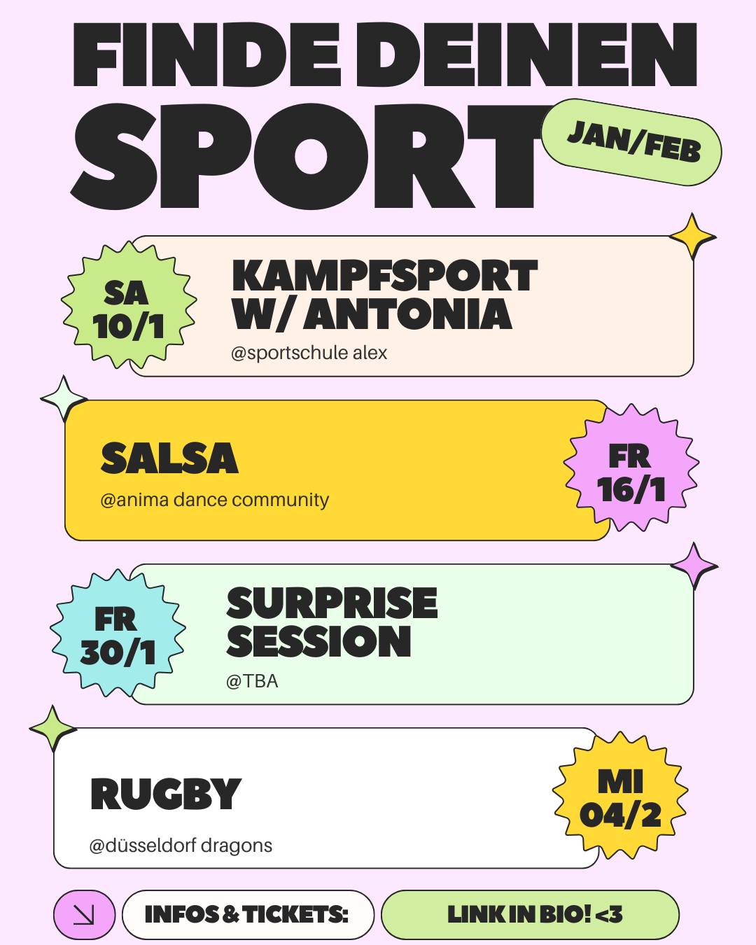 Hast du auch Lust auf mehr Bewegung, aber Fitnessstudio ist für dich DER Abturn?
So geht's uns auch, deshalb starten wir endlich mit unserer „Finde deinen Sport“-Reihe für FLINTA*. Hier probierst du jeden Monat neue Sportarten in einem sicheren, lockeren Rahmen aus – im Januar unter anderem Kampfkunst, Salsa und eine Überraschungssession. Und im Februar geht's gleich mit Rugby weiter! 🚀
Du musst nichts organisieren, bekommst alles Schritt für Schritt erklärt, kannst dich mit anderen Einsteiger:innen vernetzen, einfach ausprobieren und schauen, was sich für dich richtig gut anfühlt. Und wer weiß, vielleicht findest du hier deine neue Lieblingssportart.
Alle Infos & Tickets findest du wie immer über den Link in unserer Bio 💪✨ Wir freuen uns auf dich!
#düsseldorf #flinta #findedeinensport #sportmotivation #gemeinsambewegen