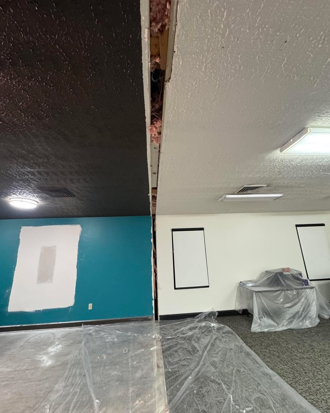 Here's a couple of before and after of a drywall repair where a wall separated 2 rooms and two old closets used to be. Patched everything in, blended the seams, and matched the ceiling stipple so the whole area looks like it's always been one open space. Always satisfying to make a room feel seamless again.
