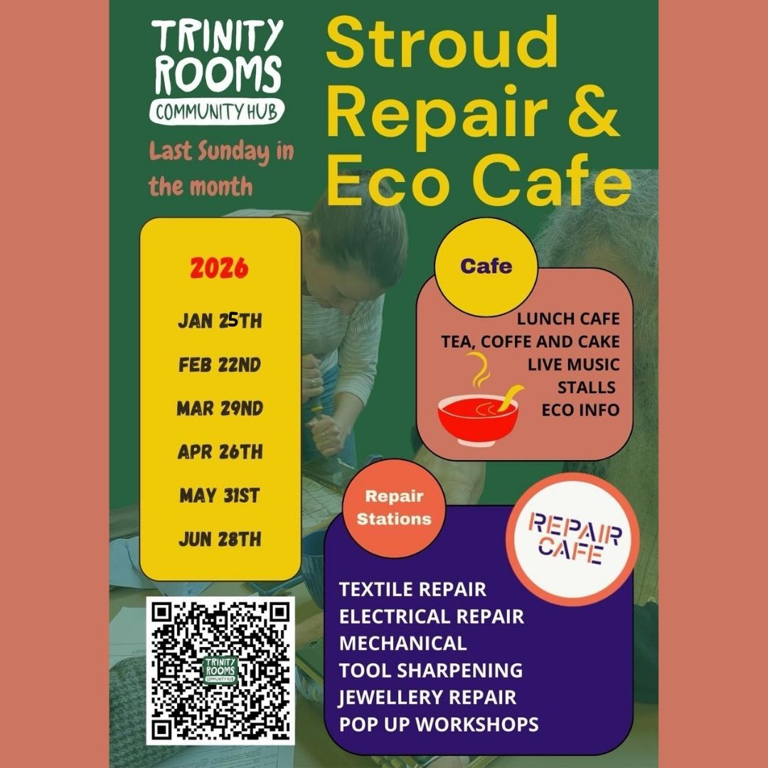 Keep those last Sunday of the months’ (PICTURED) free as our Eco Repair Cafe’s are returning! 10am-3pm each month at our Trinity Rooms Community Hub in Stroud.
First date on the list is January 25th so come along and join us.
Plus alongside all the usual offerings, there is also a special Upcycling with Restock Workshop taking place! Part of creative space and clothing brand Emergence. @emergence.restock
This is available to book now at the following link:
www.eventbrite.co.uk/e/upcycling-at-trinity-rooms-create-connect-and-contribute-tickets-1969804259566?aff=oddtdtcreator
#Stroud #Sustainability #WasteLess #Fashion #GreenLiving